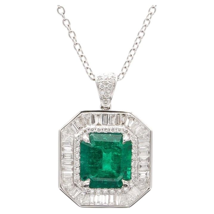 GIA Certified 4.04 Octagonal Cut Emerald & Diamond Halo Pendant Necklace
