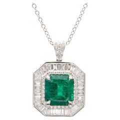 GIA Certified 4.04 Octagonal Cut Emerald & Diamond Halo Pendant Necklace