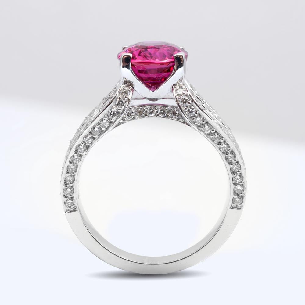 Artisan GIA Certified 4.05 Carat Unheated Pink Sapphire Diamond 14k White Gold Ring For Sale