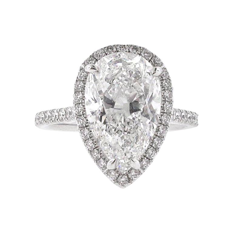 GIA Certified 4.05 F/Si1 Pear Shape Diamond Halo Engagement Ring