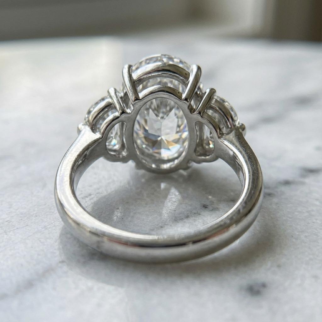 Ovaler Brillantdiamant von 4,06 Karat, elegant umrahmt von halbmondförmigen Nebensteinen und gefasst in einem handgefertigten Platinring. Der von GIA zertifizierte, bezaubernde Mittelstein hat eine Farbe von J und eine Reinheit von VS2 und bietet