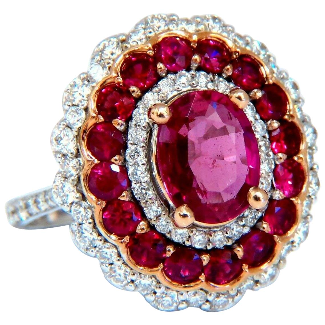 GIA Certified 4.06 Carat Oval Cut Red No Heat Ruby Diamonds Ballerina Ring 14kt* For Sale