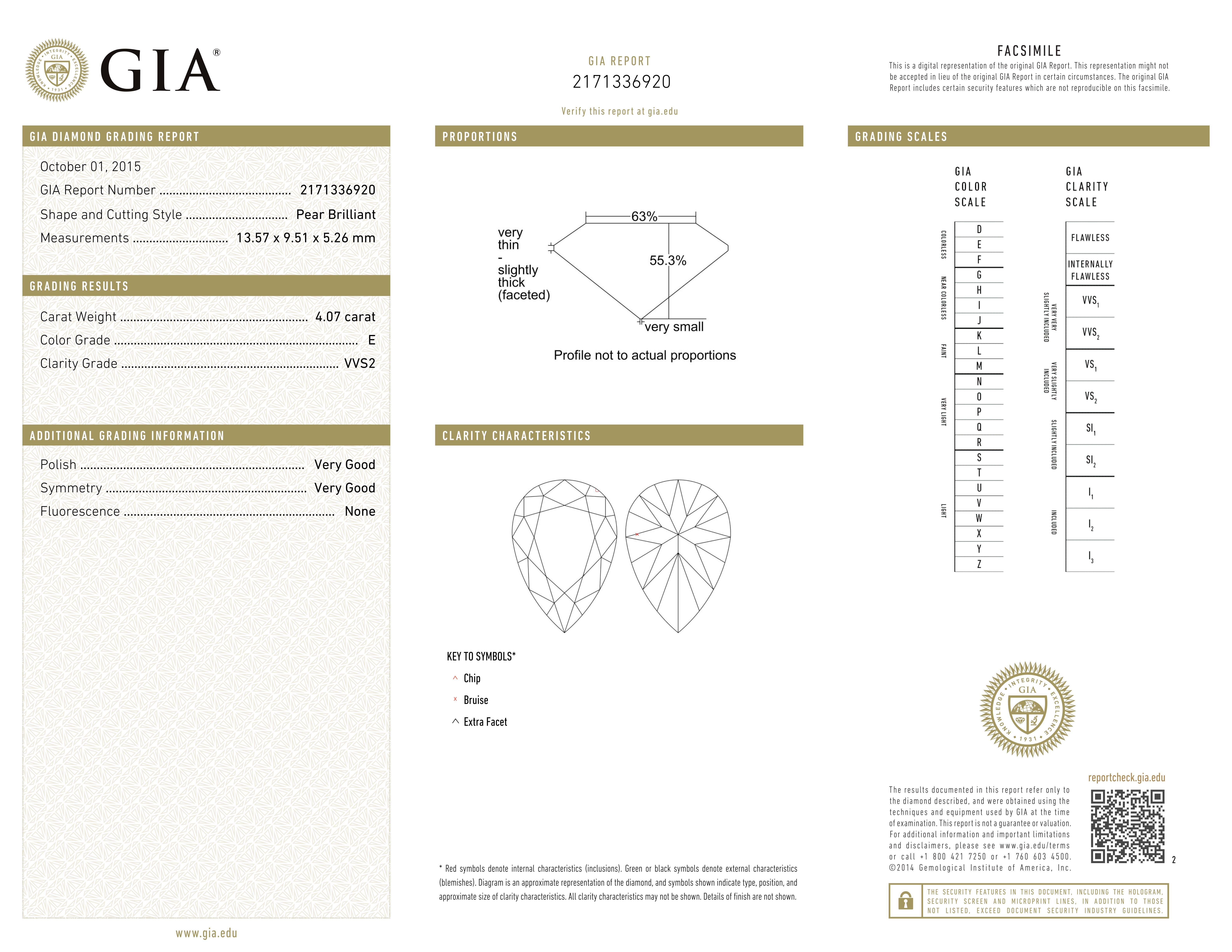 Ciondolo in platino con diamante a pera brillante certificato GIA da 4,07 carati E VVS2 In condizioni Nuovo in vendita a Chicago, IL