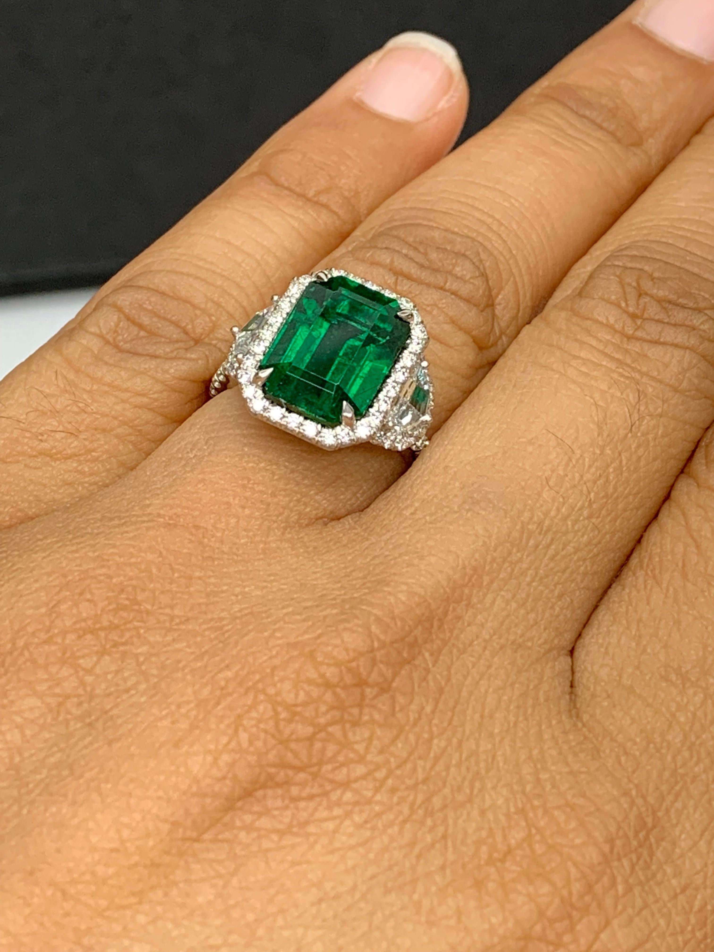 GIA Certified 4.07 Carat Emerald Cut Emerald Diamond 3 Stone Ring in Platinum For Sale 5