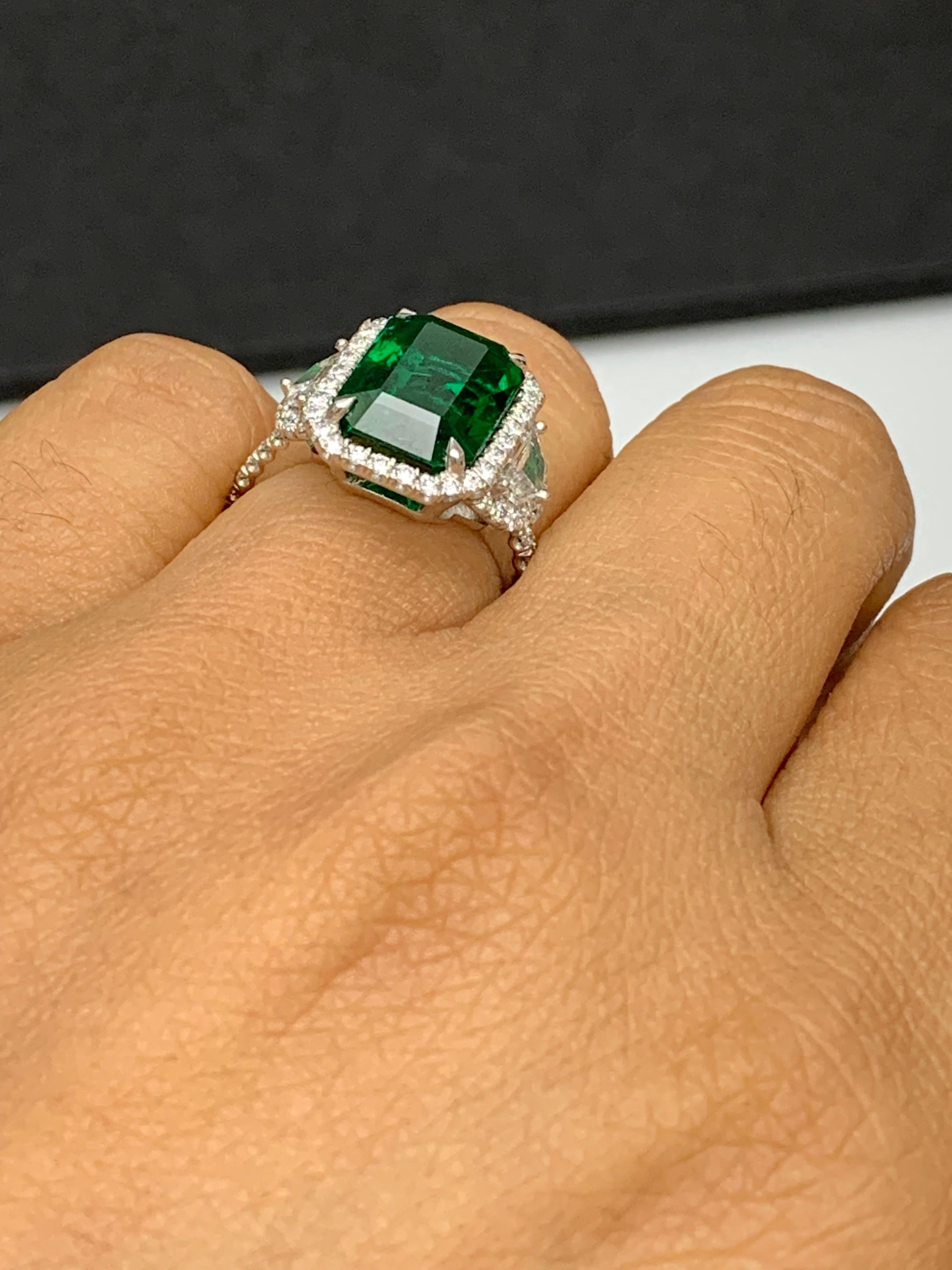 GIA Certified 4.07 Carat Emerald Cut Emerald Diamond 3 Stone Ring in Platinum For Sale 6