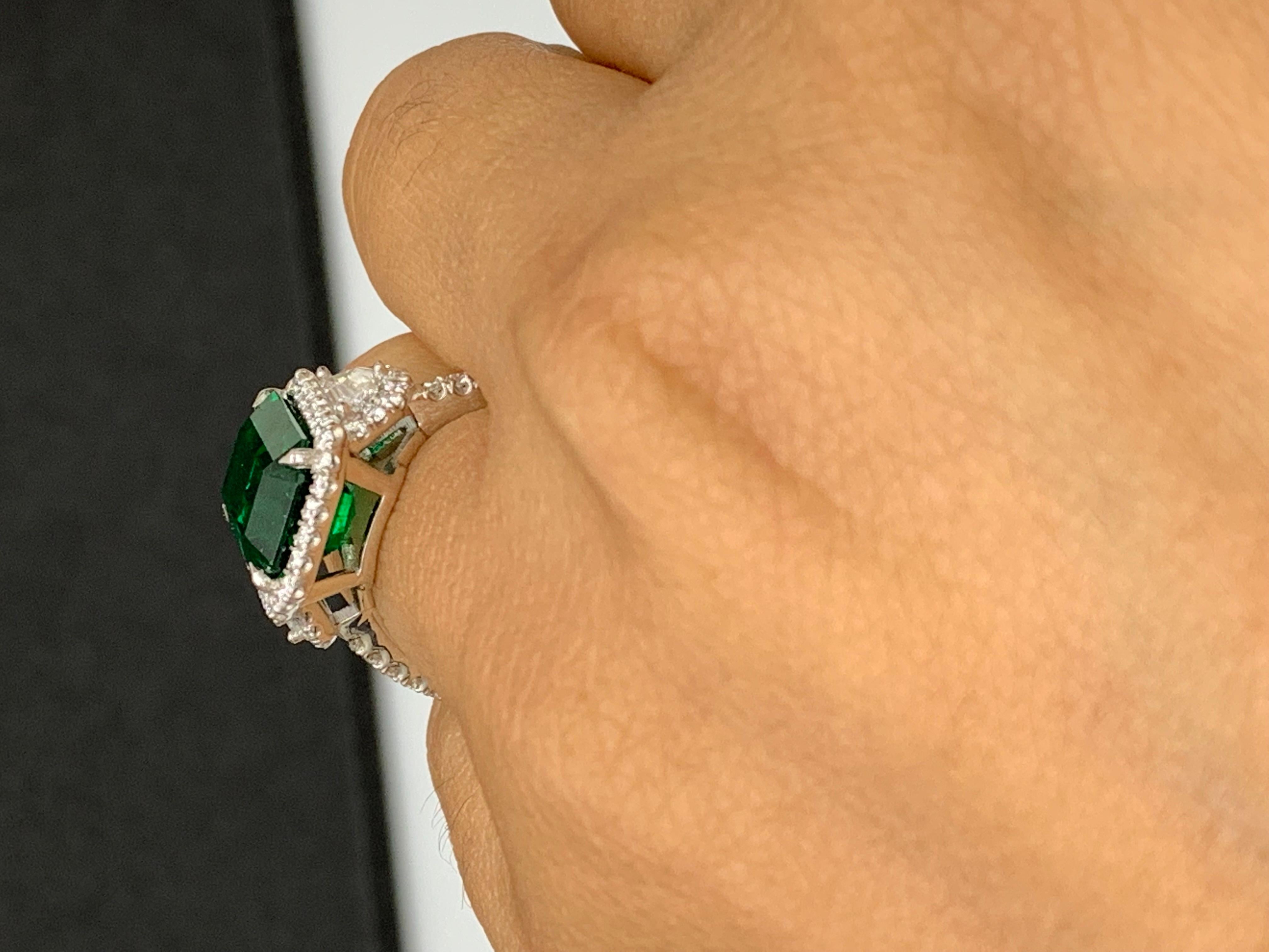 GIA Certified 4.07 Carat Emerald Cut Emerald Diamond 3 Stone Ring in Platinum For Sale 7