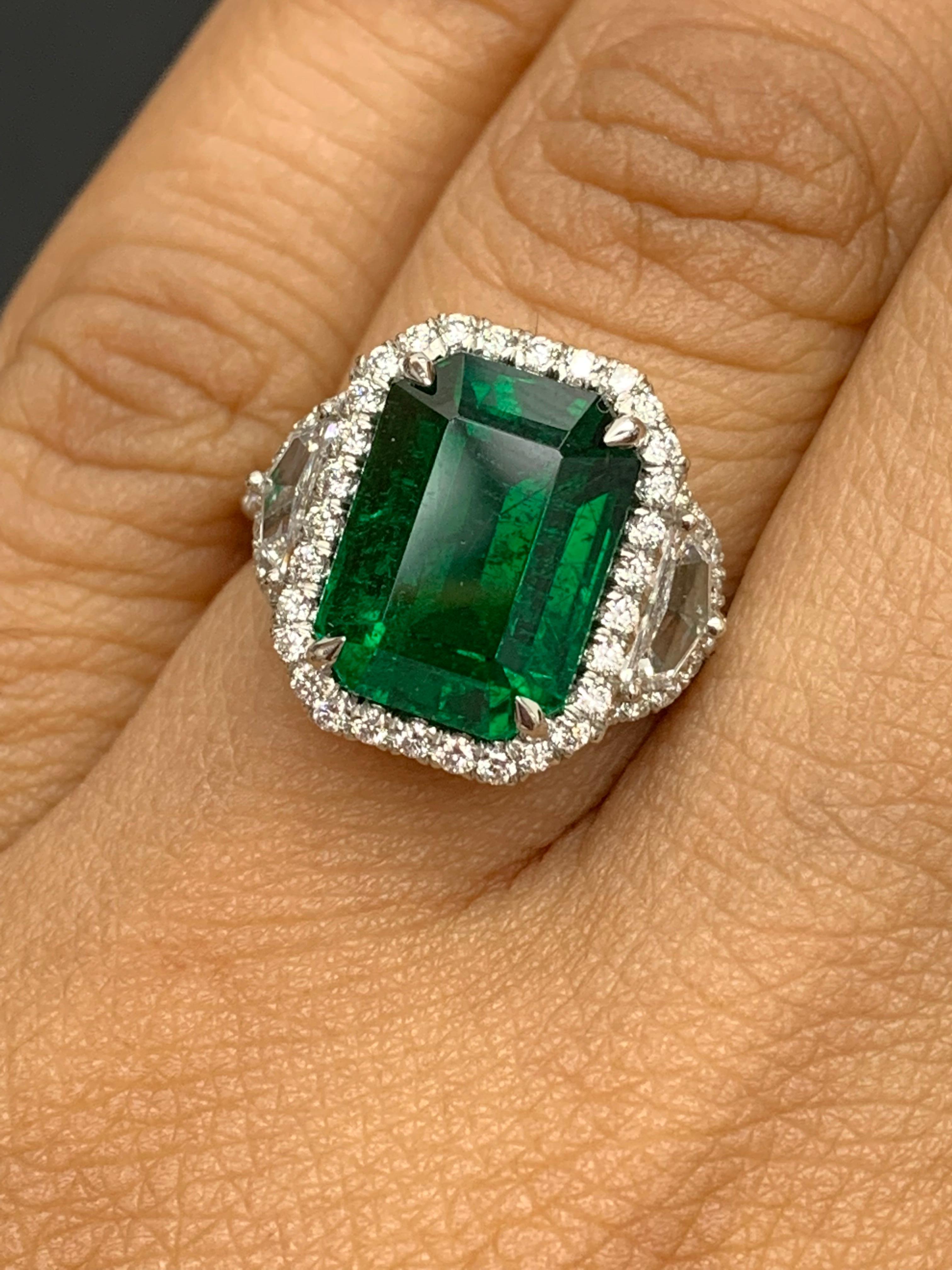 GIA Certified 4.07 Carat Emerald Cut Emerald Diamond 3 Stone Ring in Platinum For Sale 8