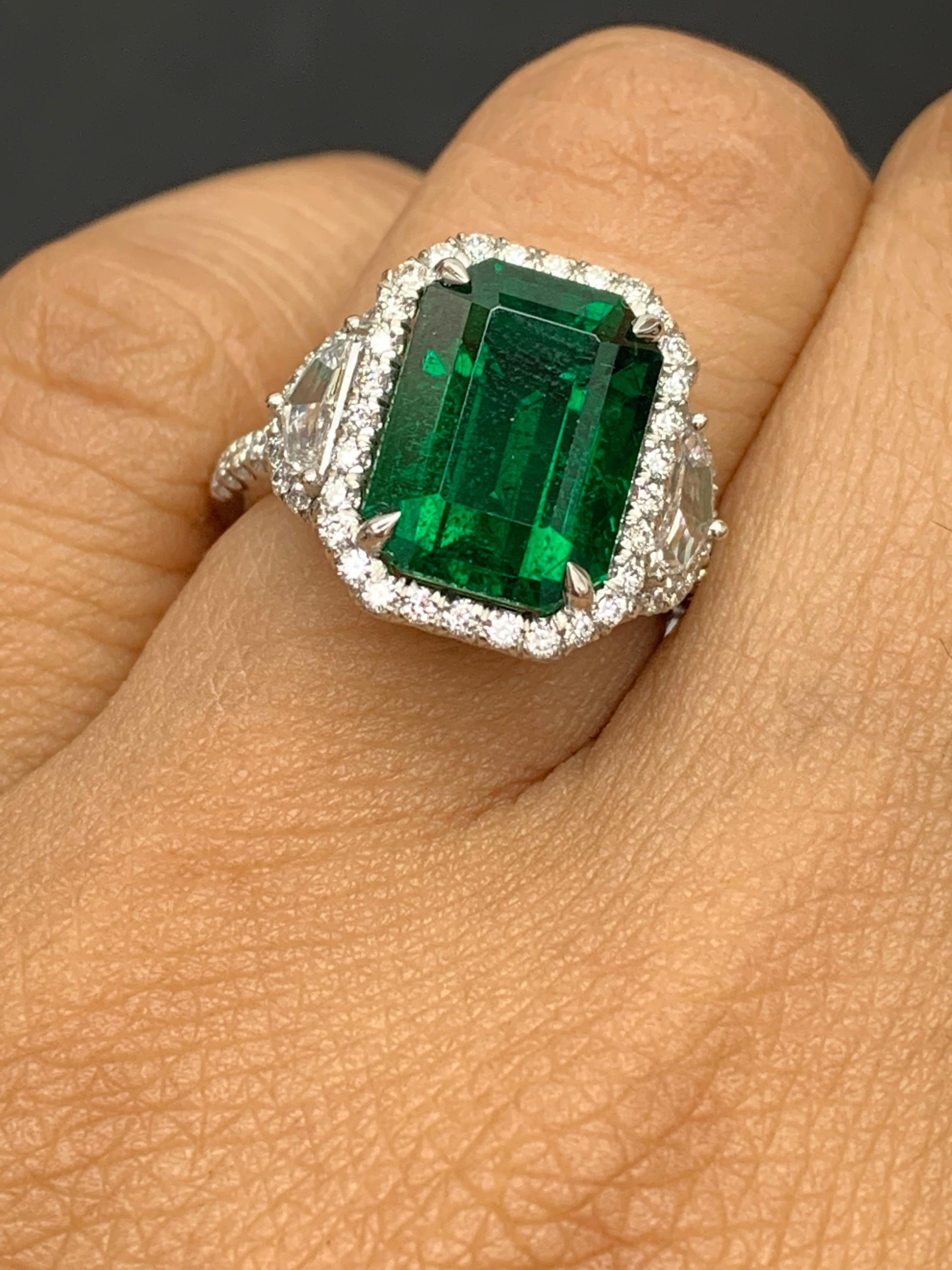 GIA Certified 4.07 Carat Emerald Cut Emerald Diamond 3 Stone Ring in Platinum For Sale 9