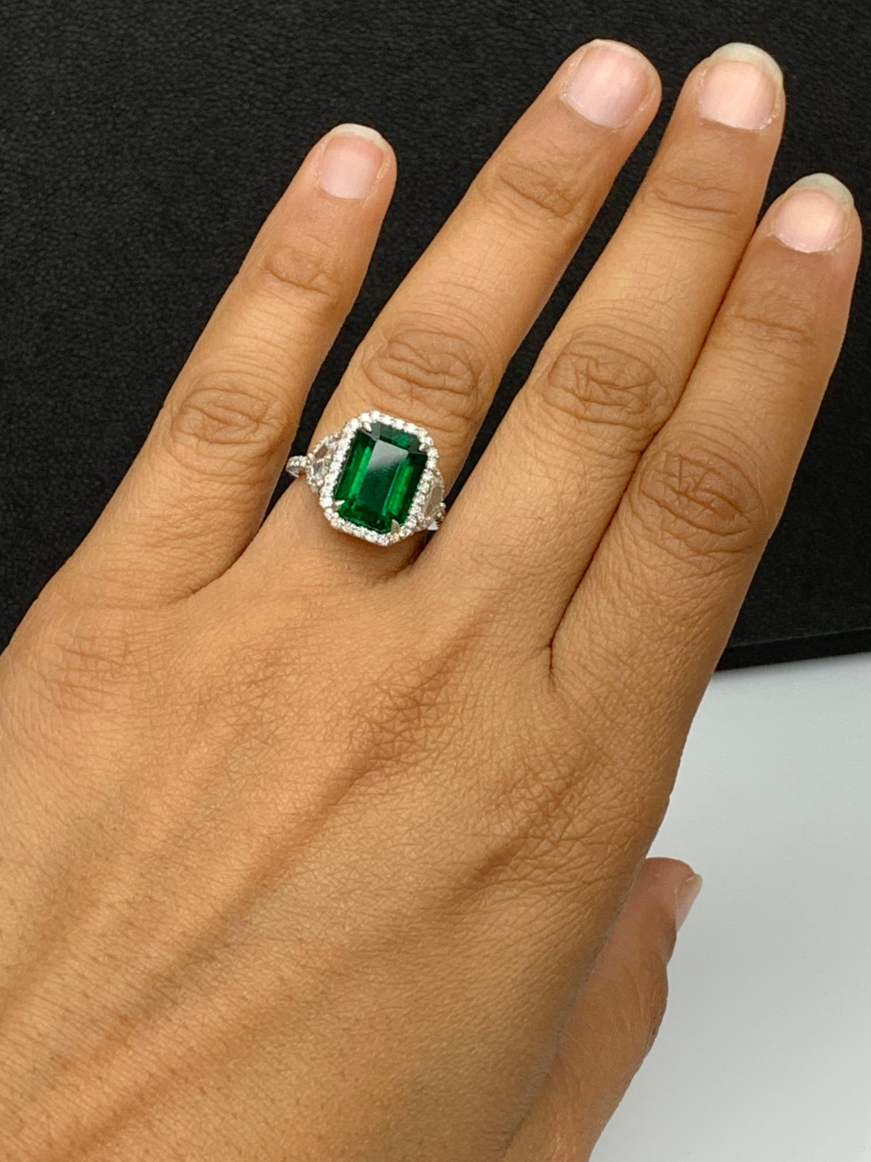 GIA Certified 4.07 Carat Emerald Cut Emerald Diamond 3 Stone Ring in Platinum For Sale 10