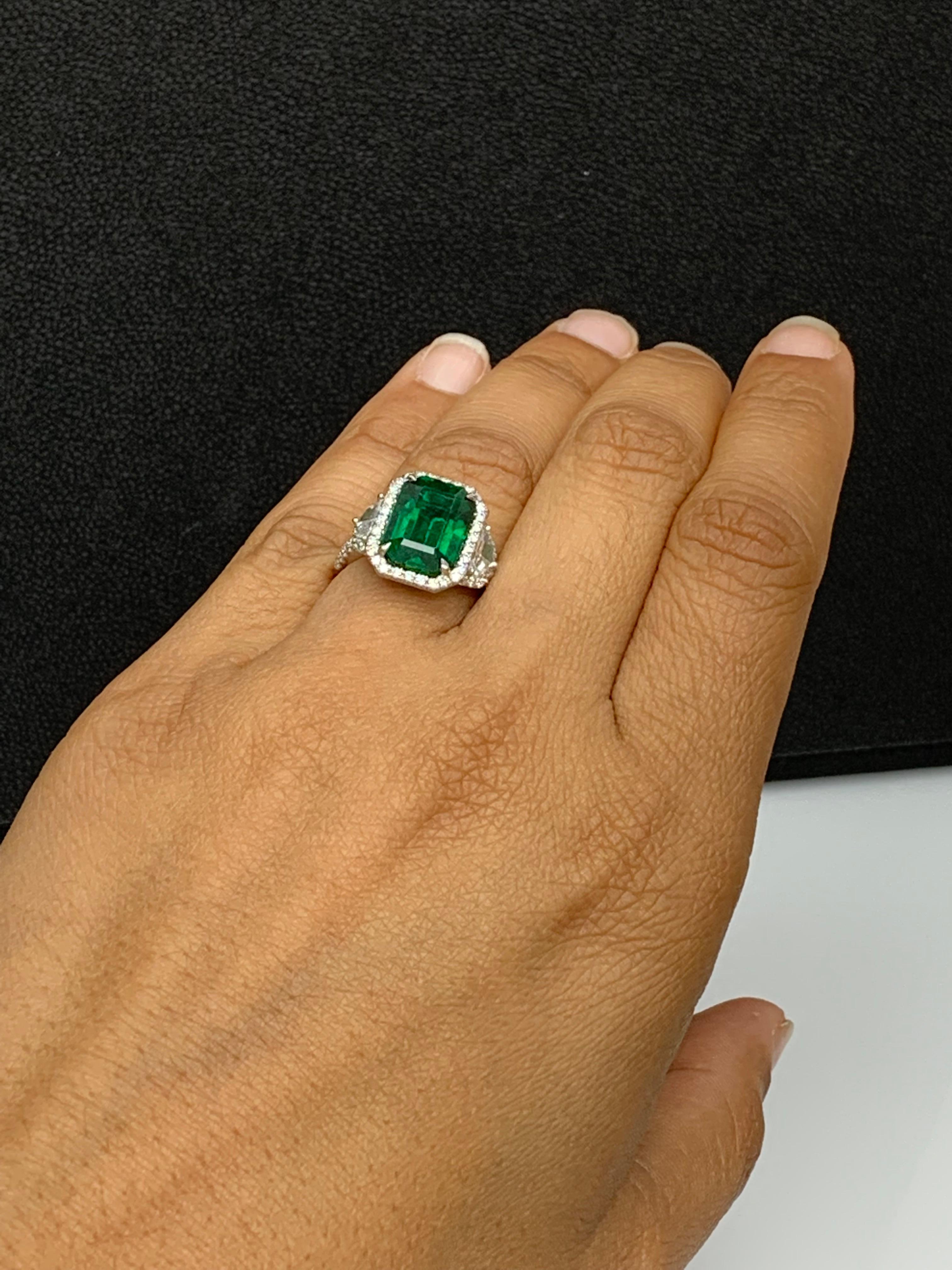 GIA Certified 4.07 Carat Emerald Cut Emerald Diamond 3 Stone Ring in Platinum For Sale 11