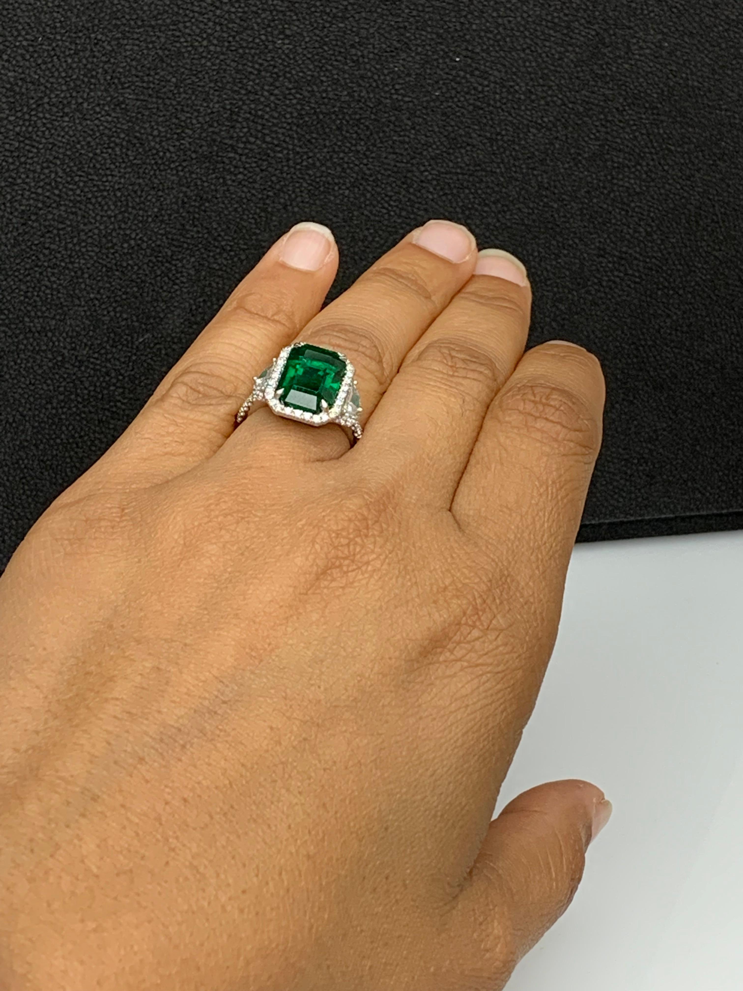 GIA Certified 4.07 Carat Emerald Cut Emerald Diamond 3 Stone Ring in Platinum For Sale 12