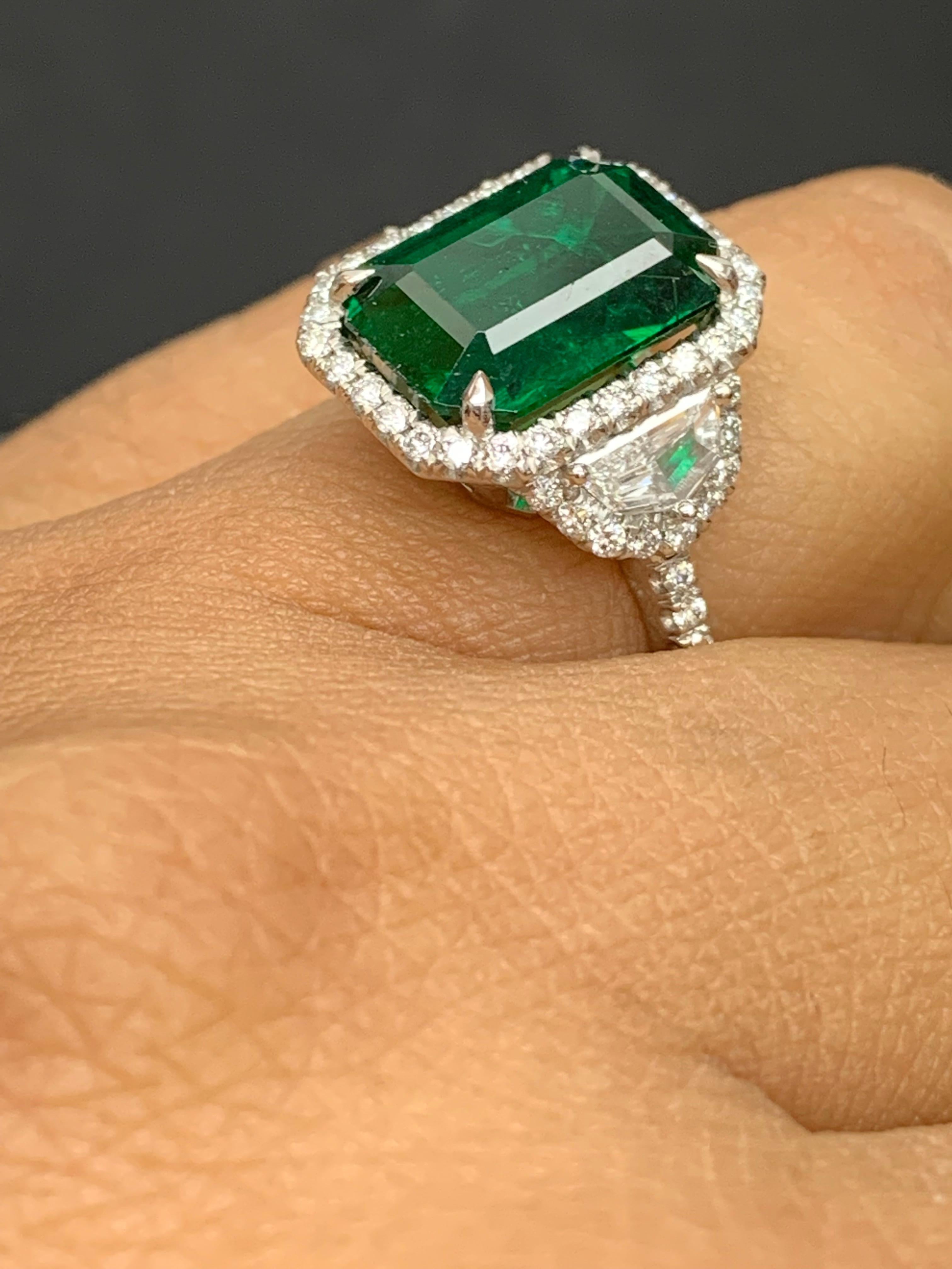 Women's GIA Certified 4.07 Carat Emerald Cut Emerald Diamond 3 Stone Ring in Platinum For Sale