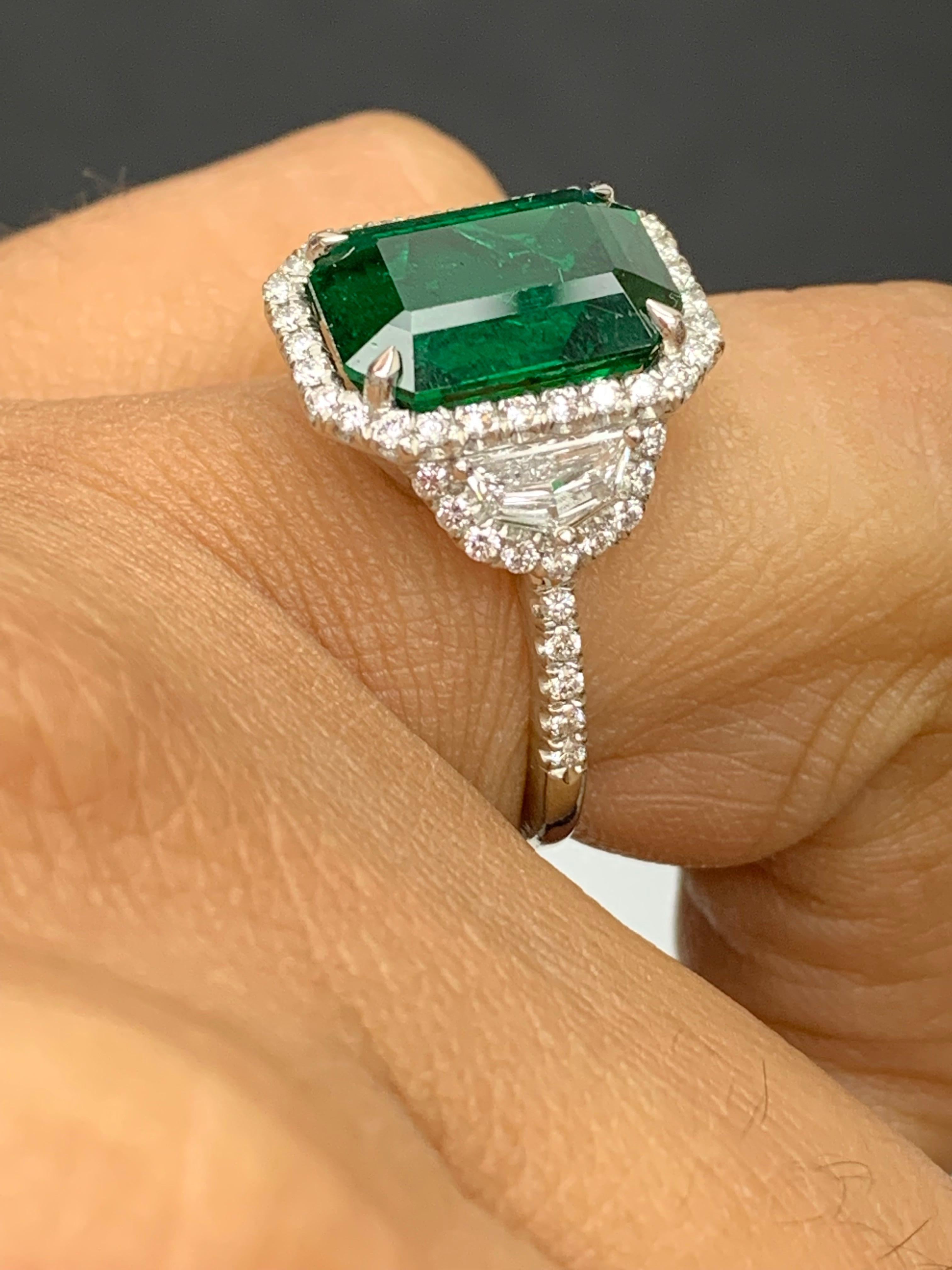 GIA Certified 4.07 Carat Emerald Cut Emerald Diamond 3 Stone Ring in Platinum For Sale 1