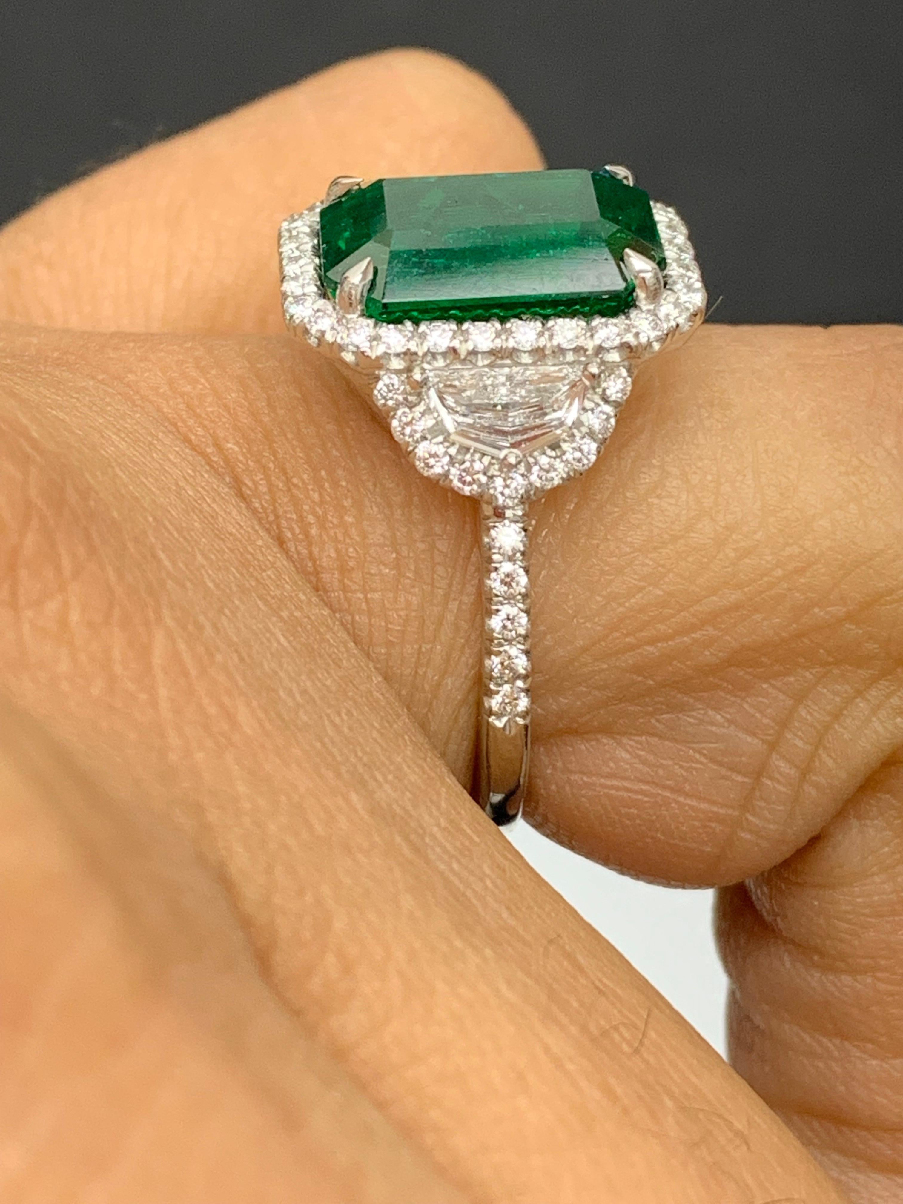 GIA Certified 4.07 Carat Emerald Cut Emerald Diamond 3 Stone Ring in Platinum For Sale 2