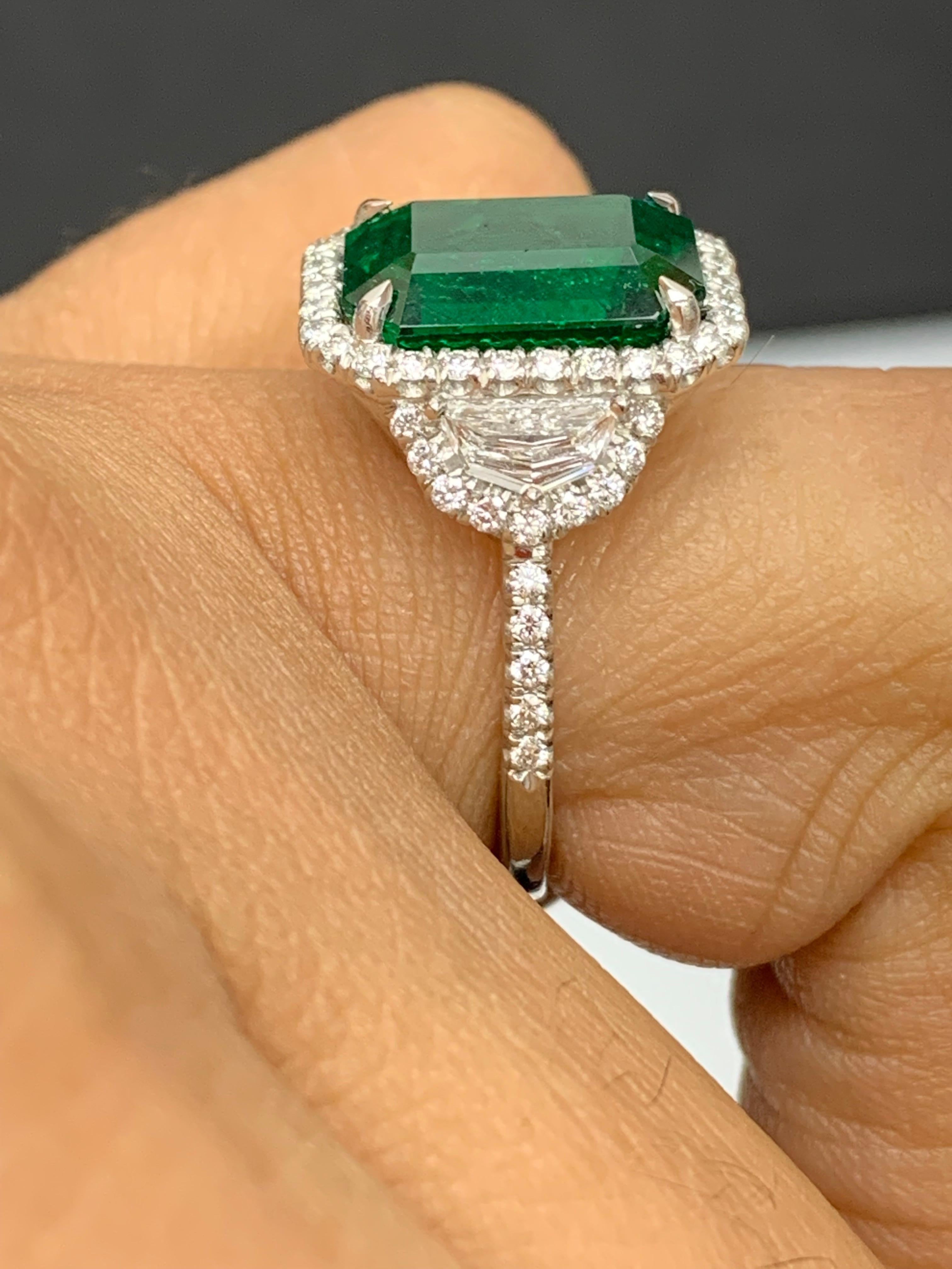 GIA Certified 4.07 Carat Emerald Cut Emerald Diamond 3 Stone Ring in Platinum For Sale 3