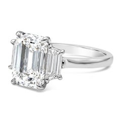 GIA Certified 4.07 Carats Emerald Cut Diamond Three-Stone Engagement Ring