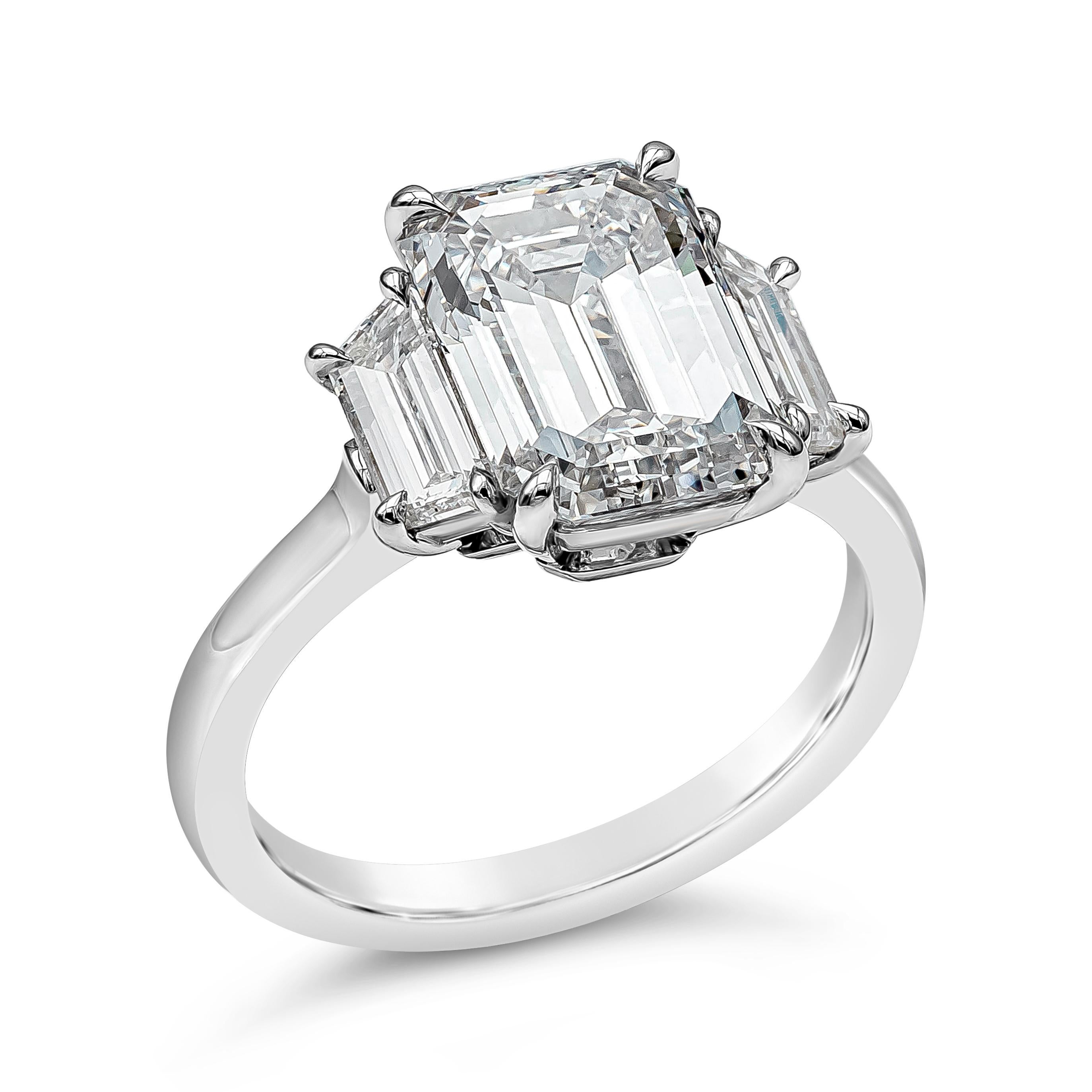 Contemporary GIA Certified 4.07 Carats Emerald Cut Diamond Three-Stone Engagement Ring For Sale