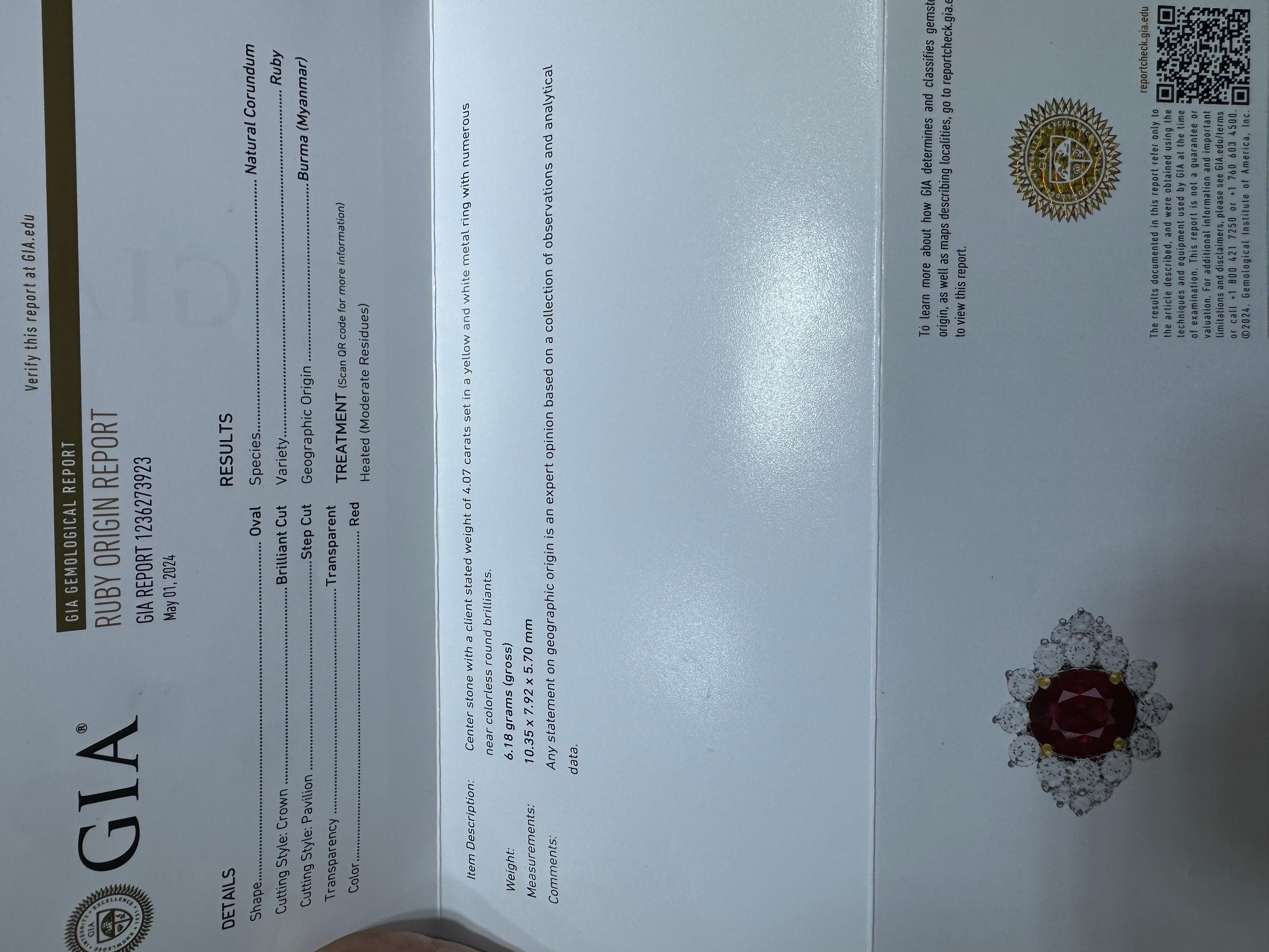 GIA Certified 4.07 Carats Oval Burma Ruby Diamond Engagement Ring For Sale 7
