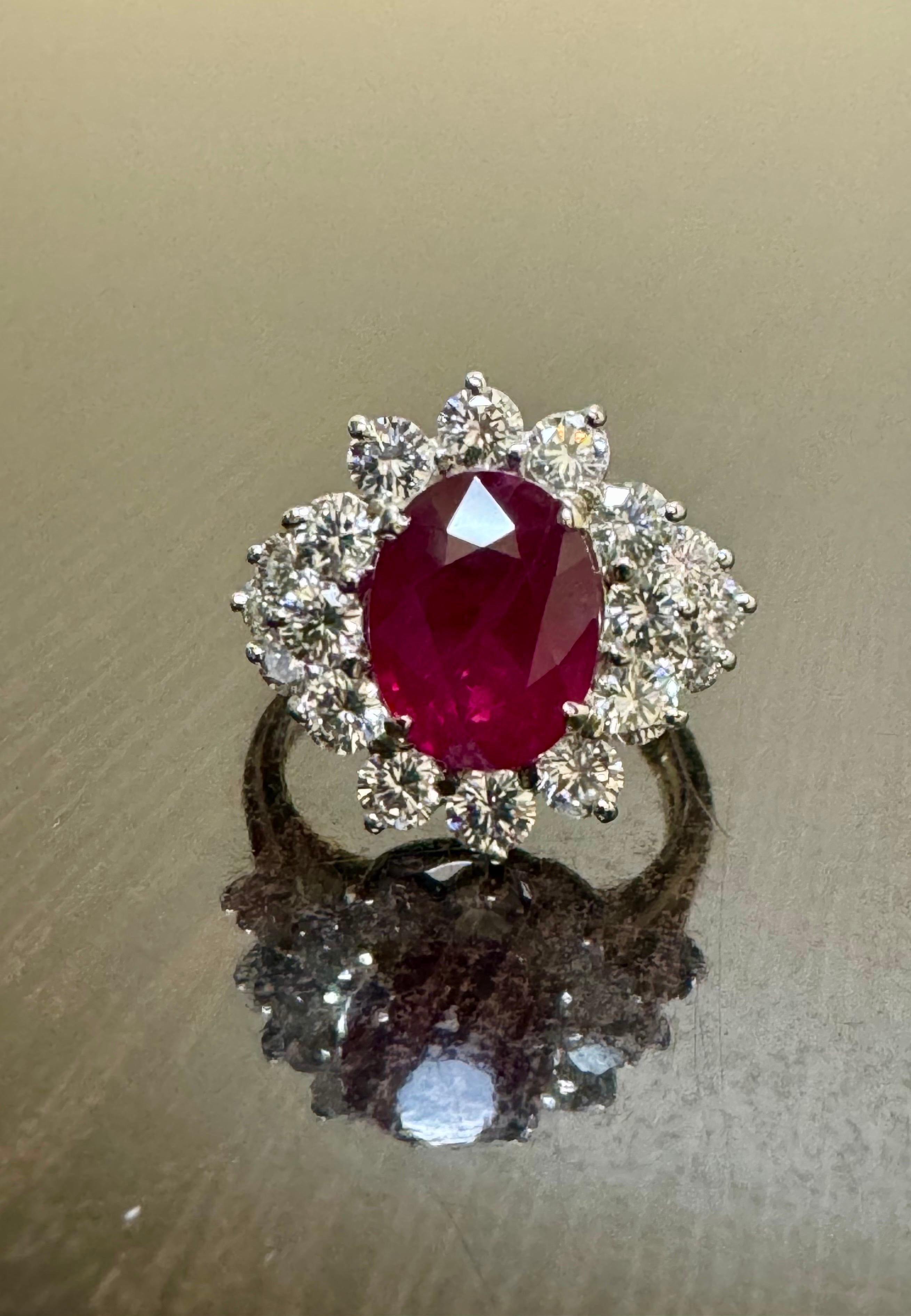 GIA Certified 4.07 Carats Oval Burma Ruby Diamond Engagement Ring In New Condition For Sale In Los Angeles, CA