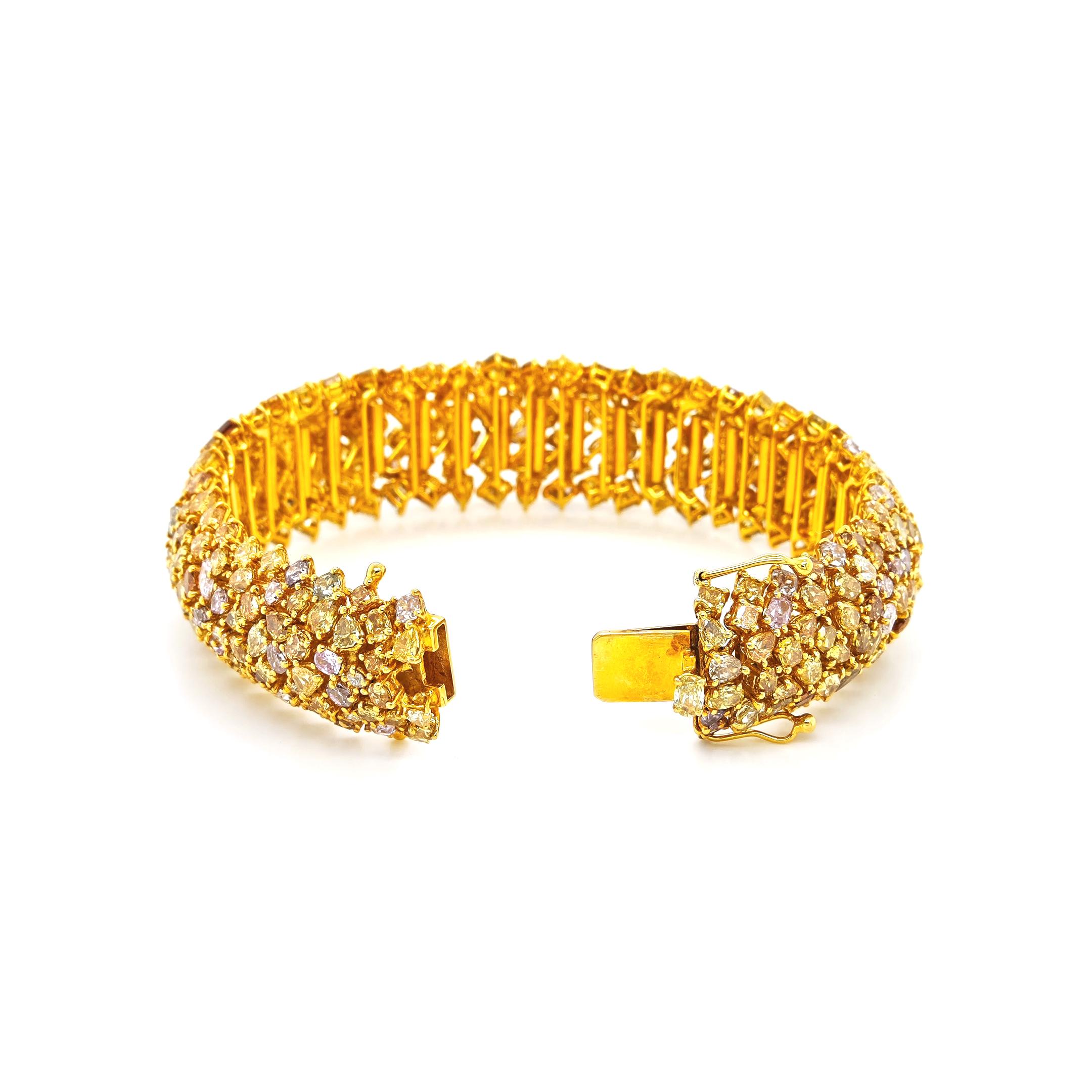 Mixed Cut GIA Certified 40.74 Carats Fancy Diamond Yellow Gold Bracelet For Sale