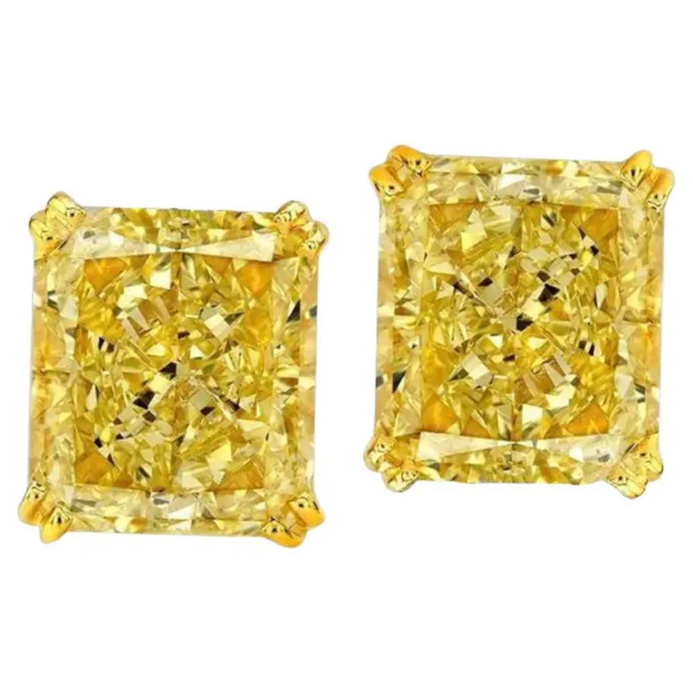 Moderne Boucles d'oreilles en diamant radiant certifié GIA de 4,08 carats de couleur jaune fantaisie en vente