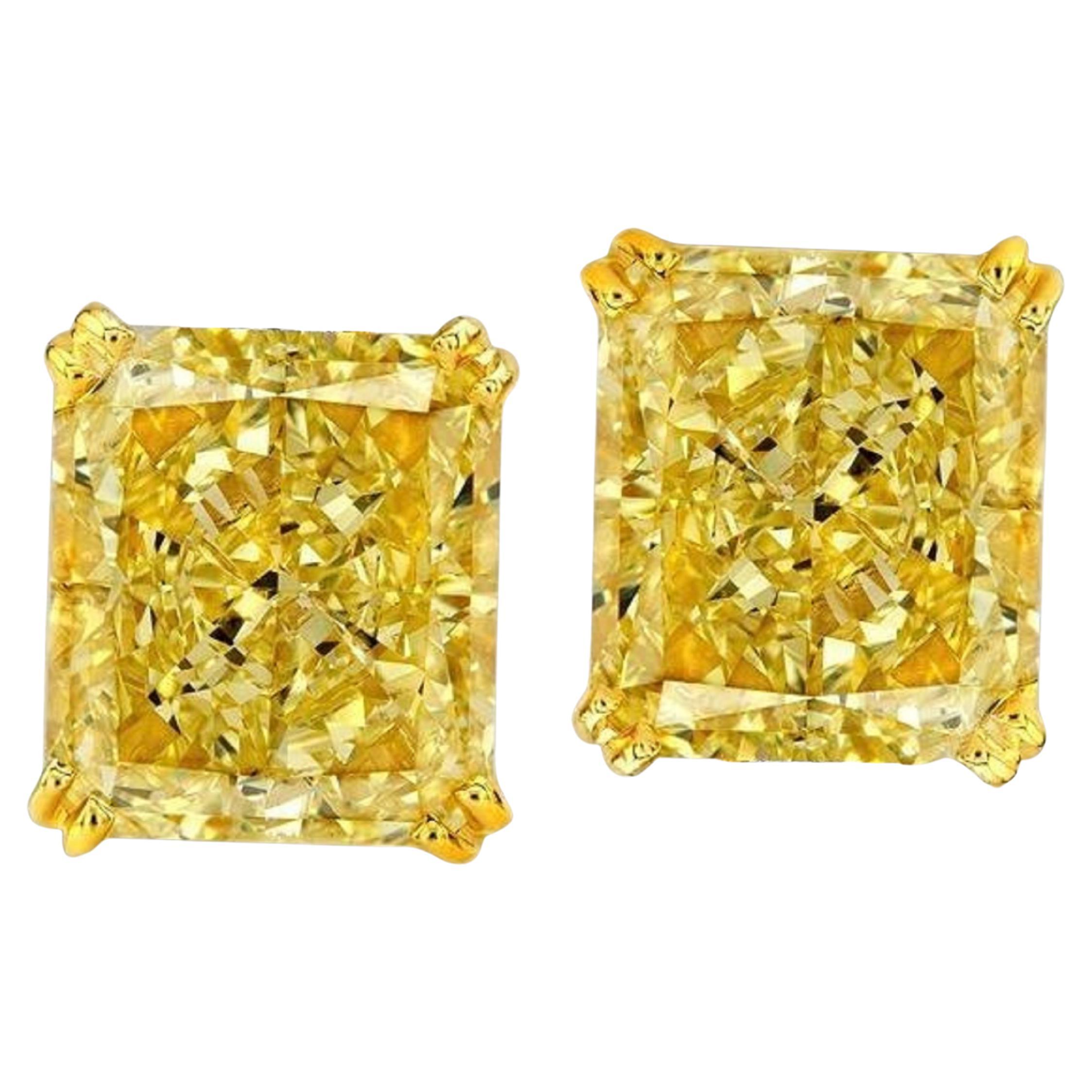 Boucles d'oreilles en diamant radiant certifié GIA de 4,08 carats de couleur jaune fantaisie