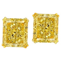 Boucles d'oreilles en diamant radiant certifié GIA de 4,08 carats de couleur jaune fantaisie