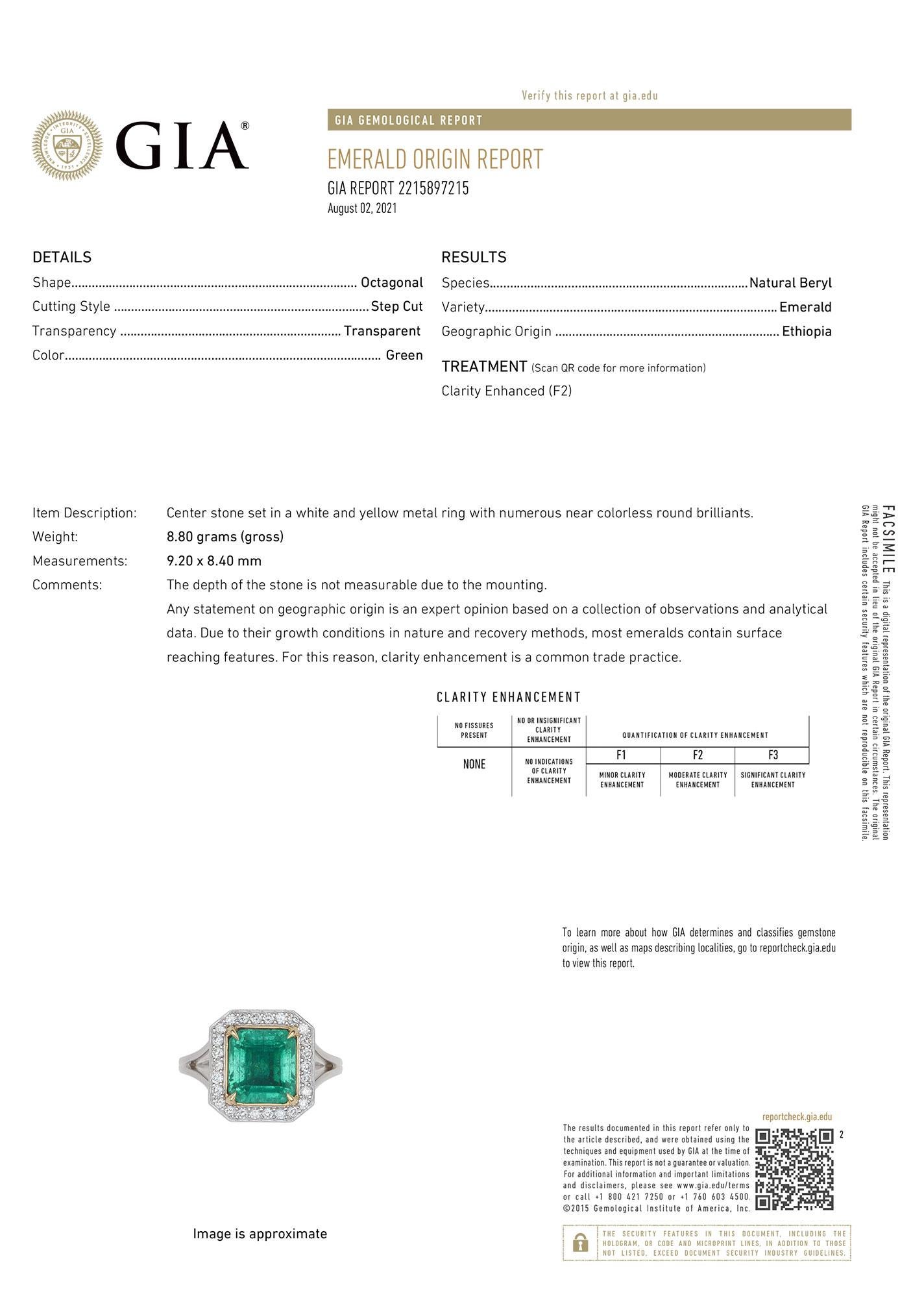 Women's GIA Certified 4.08 Carat Green Square Emerald 18K White & Yellow Gold Halo Ring  For Sale