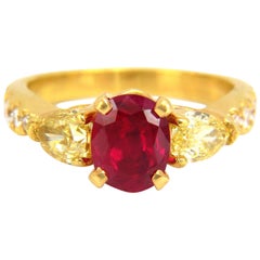 GIA Certified 4.08ct natural "vivid" red ruby diamonds ring 18kt fancy yellows