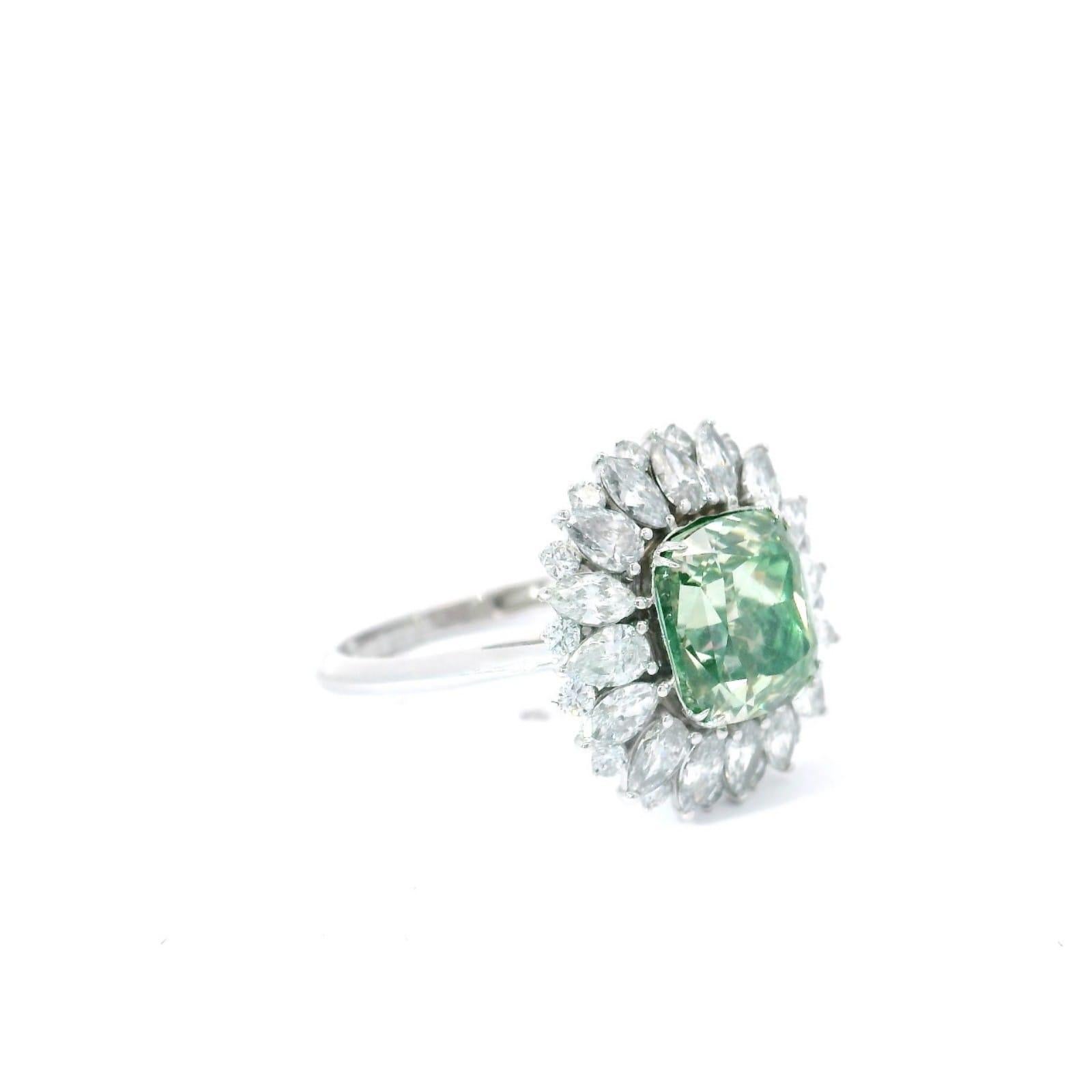 Cushion Cut GIA Certified 4.09 Carat Fancy Brownish Greenish Yellow SI1 Clarity Diamond Ring For Sale