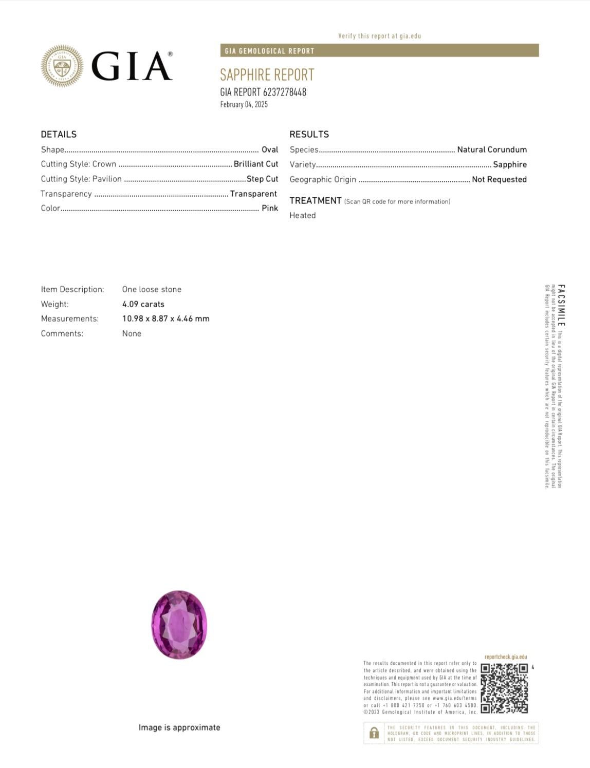 Anillo de zafiro rosa ovalado certificado por GIA de 4,09 quilates y diamante de 1,23 quilates en Nuevo estado para la venta en New York, NY