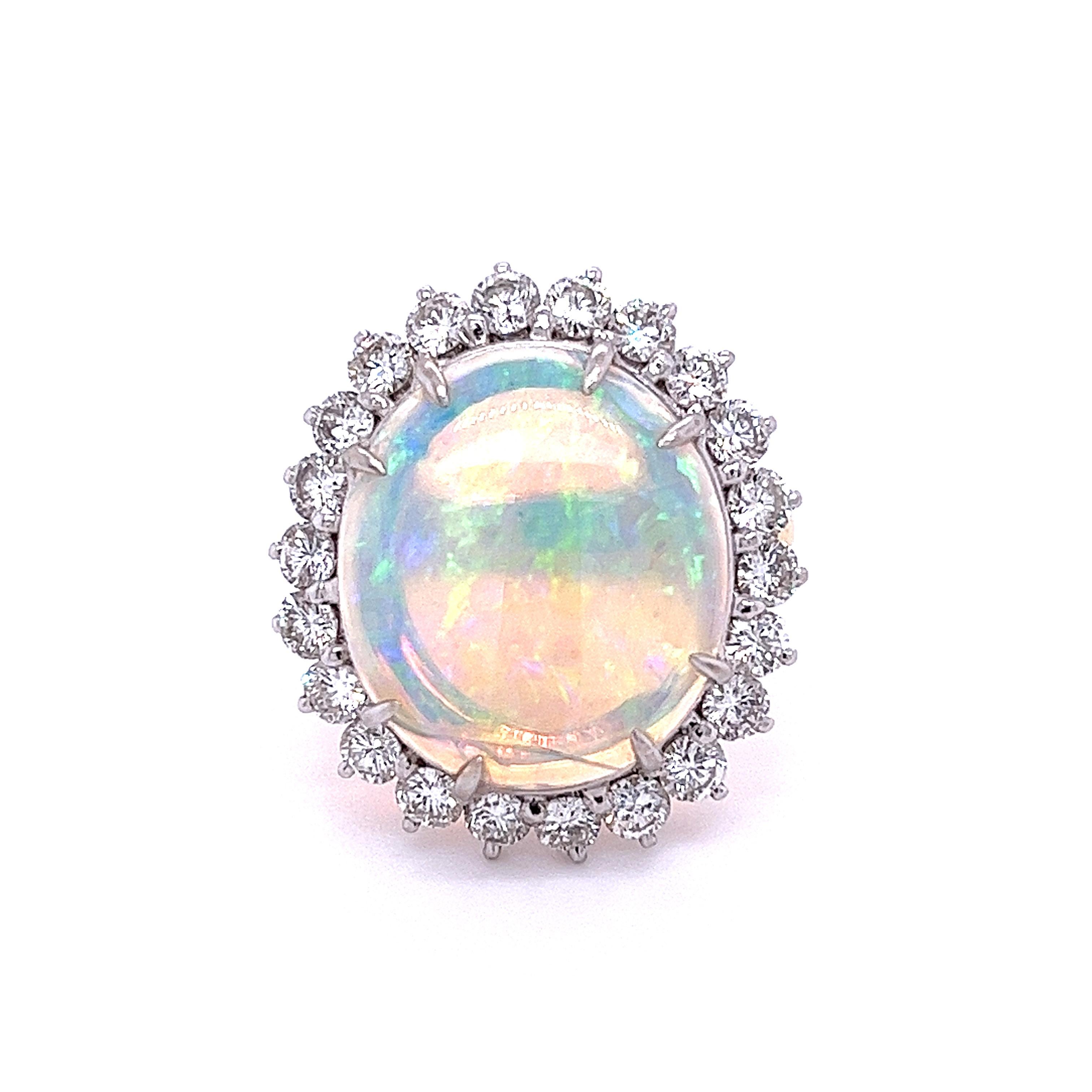 Art Deco GIA Certified 4.09-carat White Opal and Diamond Halo in Platinum and Gold Ring For Sale