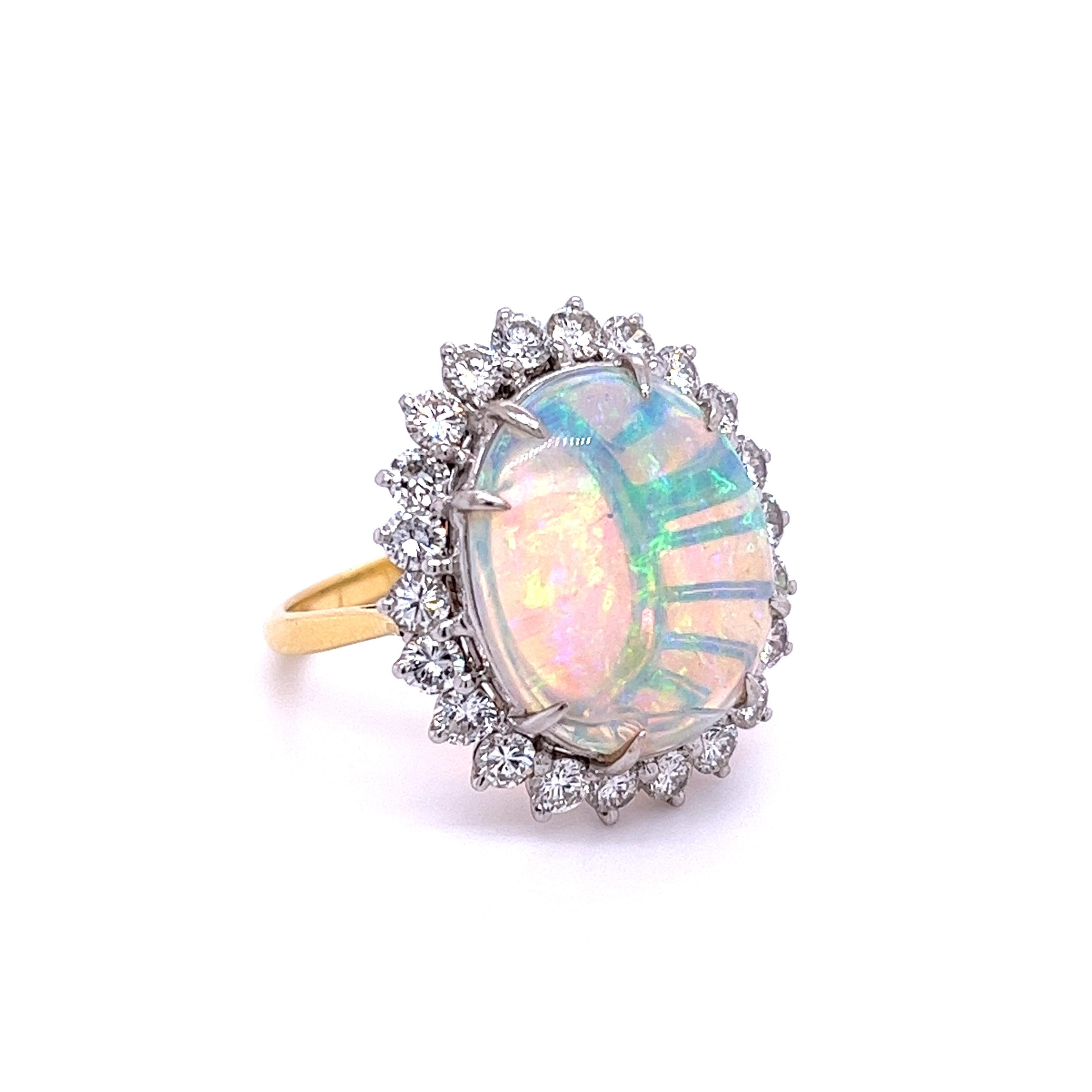 Cabochon GIA Certified 4.09-Carat White Opal and Diamond Halo in Platinum and Gold Ring For Sale
