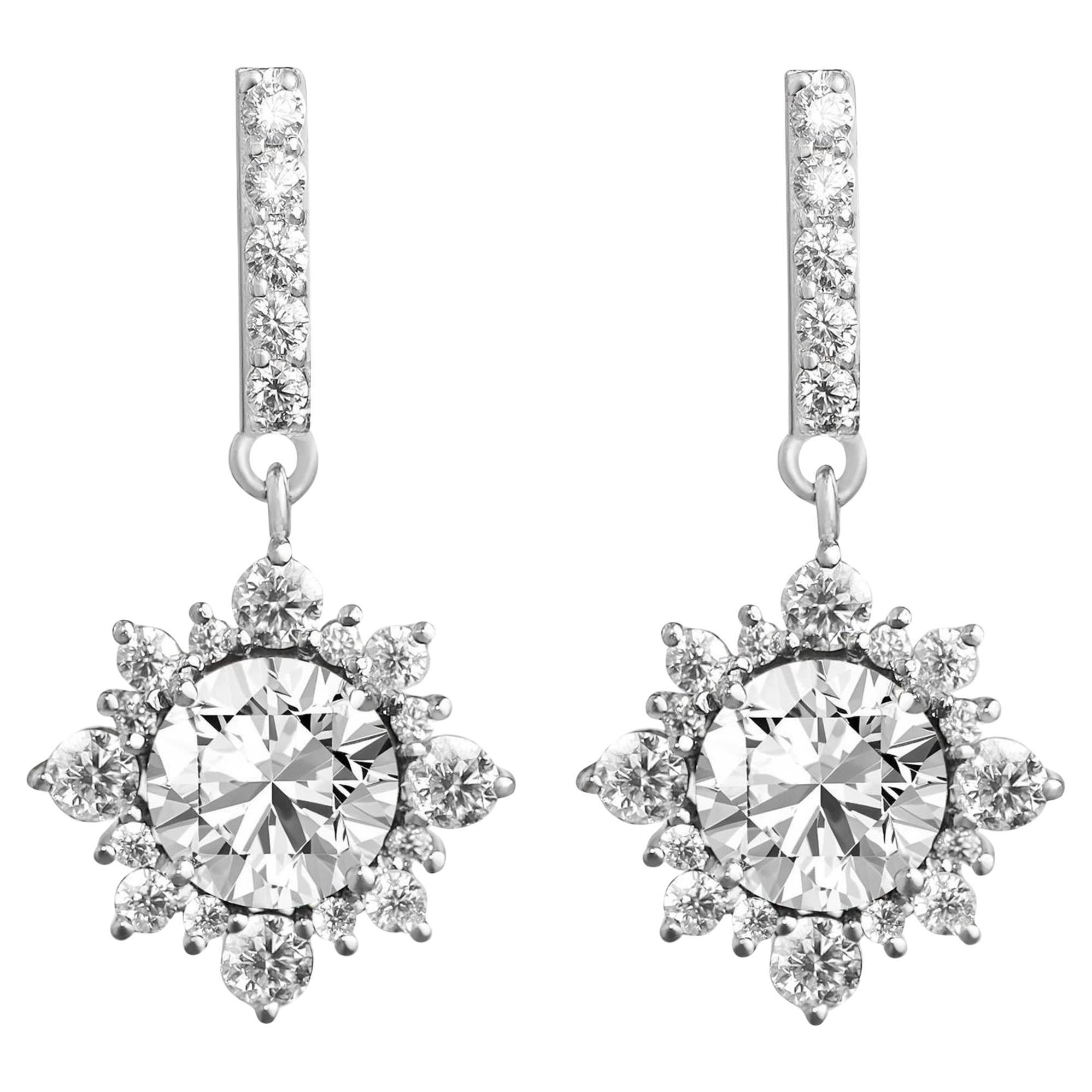 GIA Report Certified 2 carat Art Deco Diamond Round Cut Drop Dangle Earrings en vente