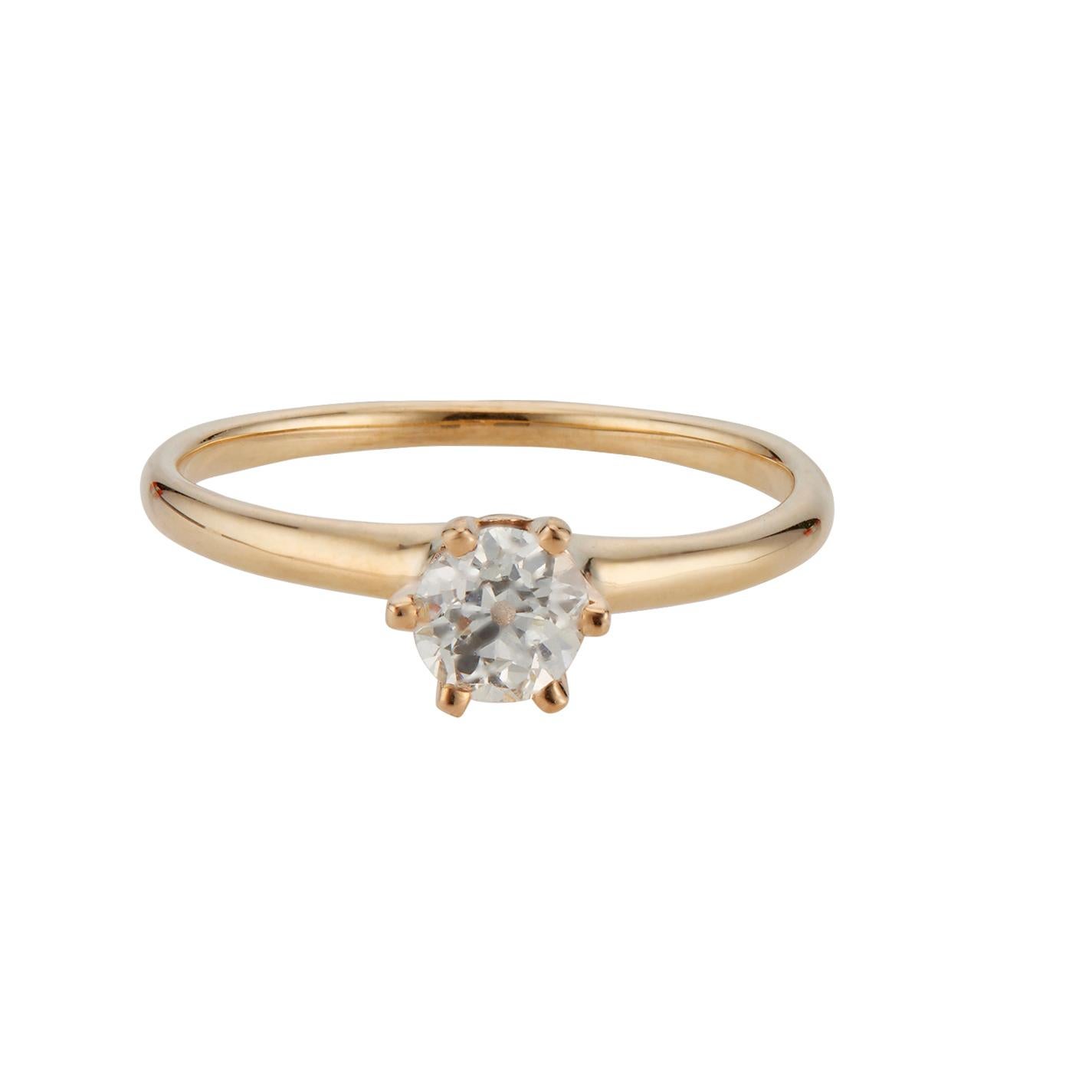 Diamond engagement ring. GIA certified Old European cut center stone, set in a 14k yellow gold, six prong solitaire setting. circa 1900's.

1 old European cut diamond, K, SI2 approx. .41cts  GIA certified# 7371914976
Size 6 and sizable 
14k yellow
