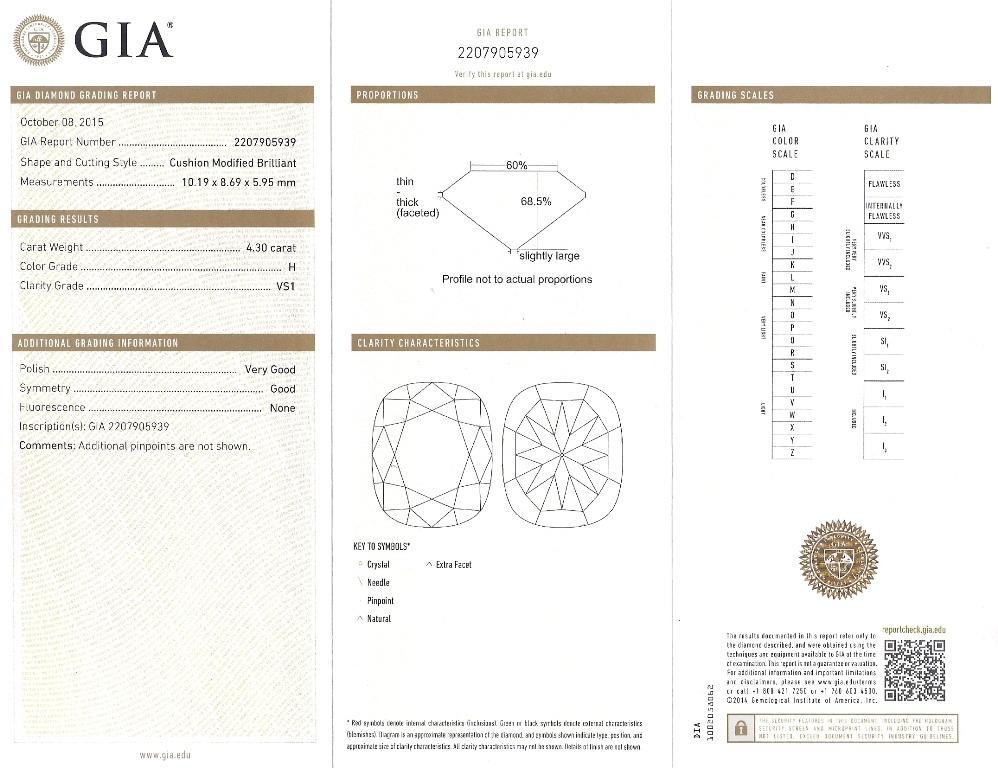 Taille coussin Bague de fiançailles tourbillon avec diamant taille coussin de 4,10 carats certifié GIA H/VS1 en vente