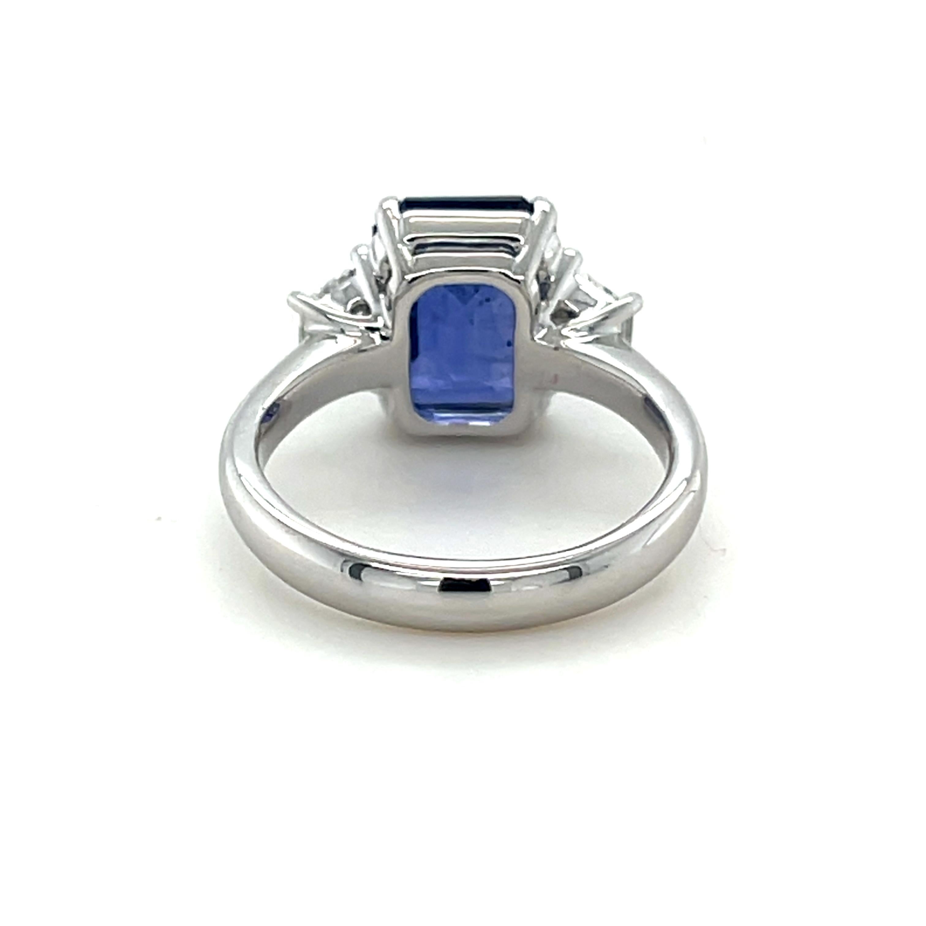 Modern GIA Certified 4.10 Carat Emerald Cut Ceylon Sapphire & Diamond Ring in Platinum