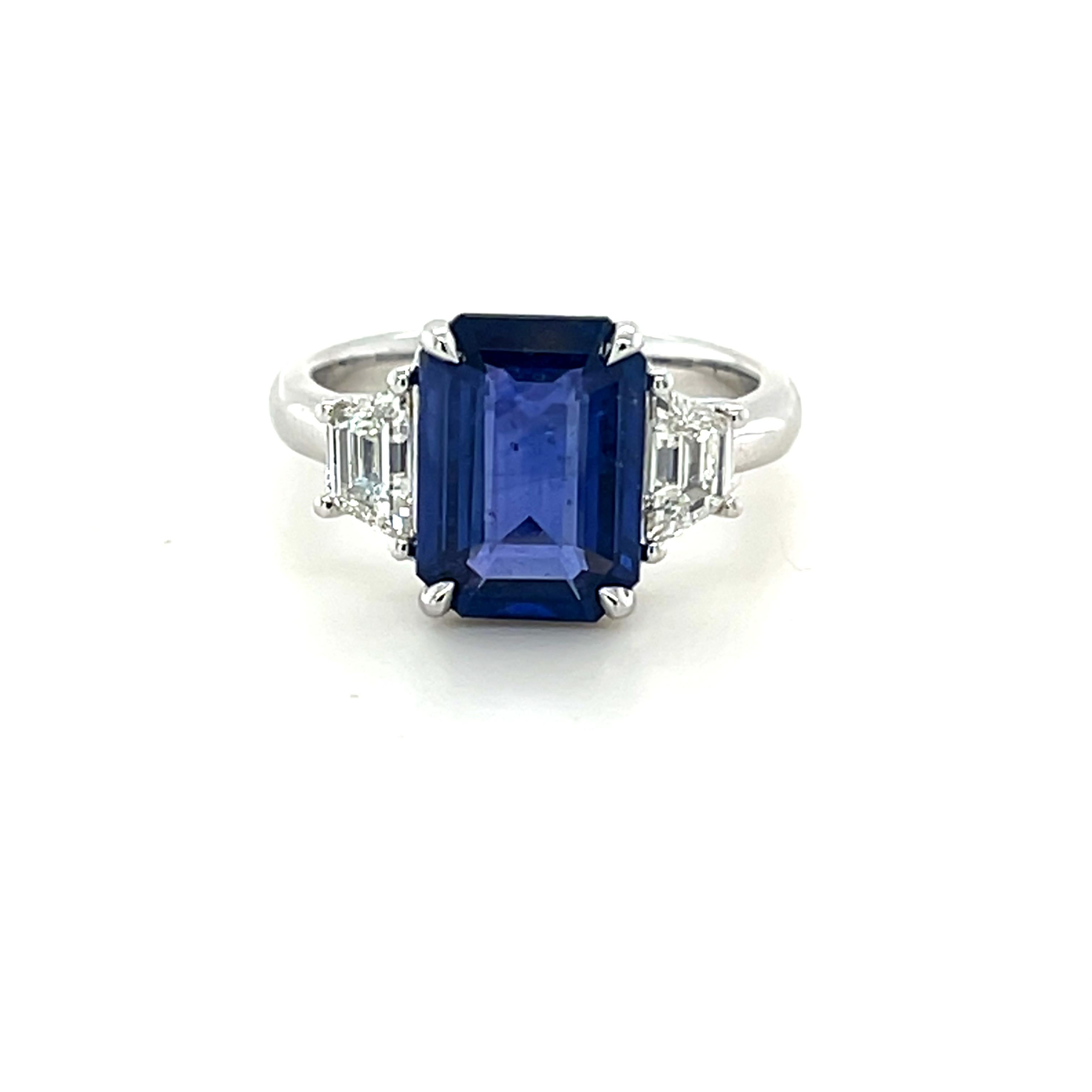 GIA Certified 4.10 Carat Emerald Cut Ceylon Sapphire & Diamond Ring in Platinum In New Condition In Great Neck, NY