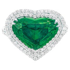 GIA Certified 4.10 Carat Heart Shape Colombian Emerald Double Halo Diamond Ring