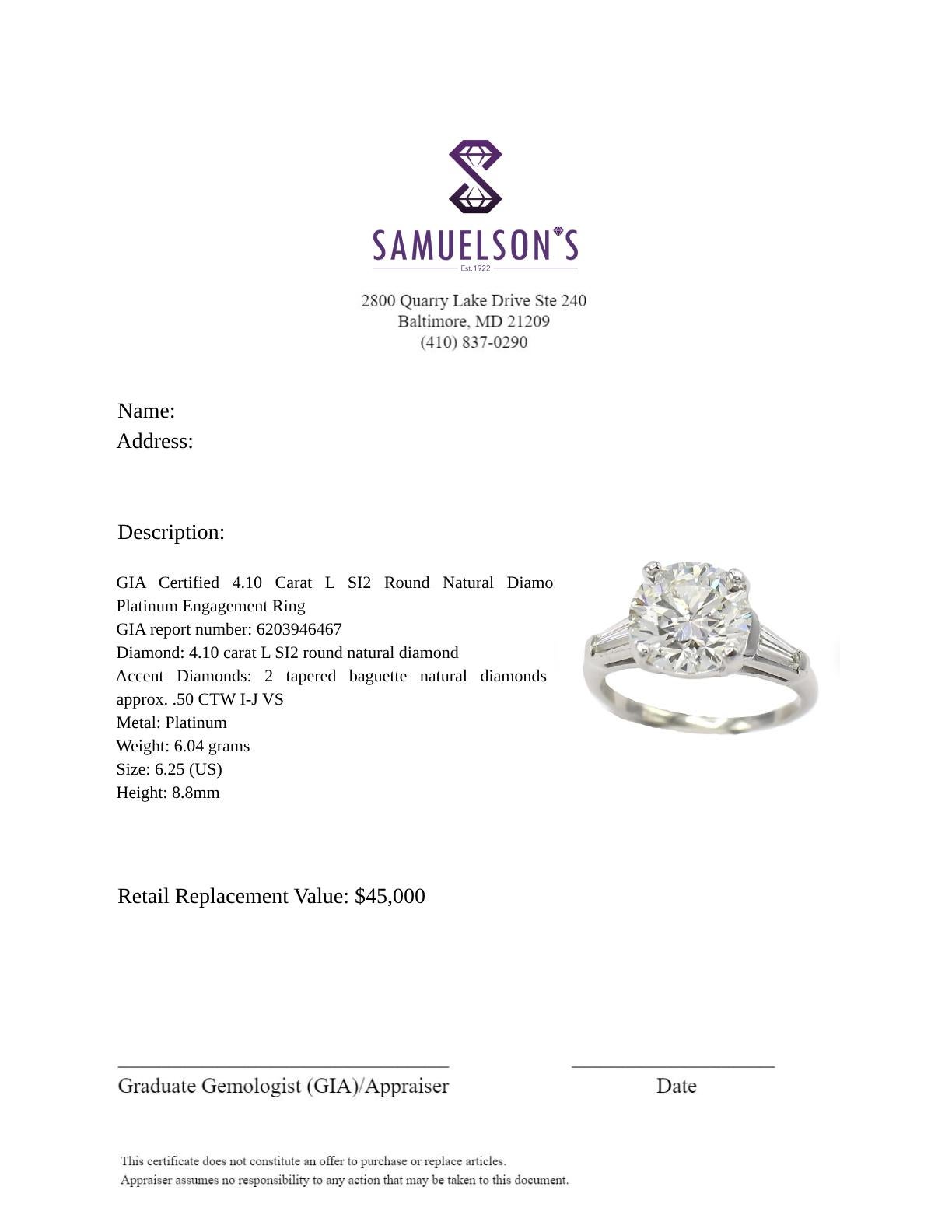 GIA Certified 4.10 Carat L SI2 Round Natural Diamond Platinum Engagement Ring 2
