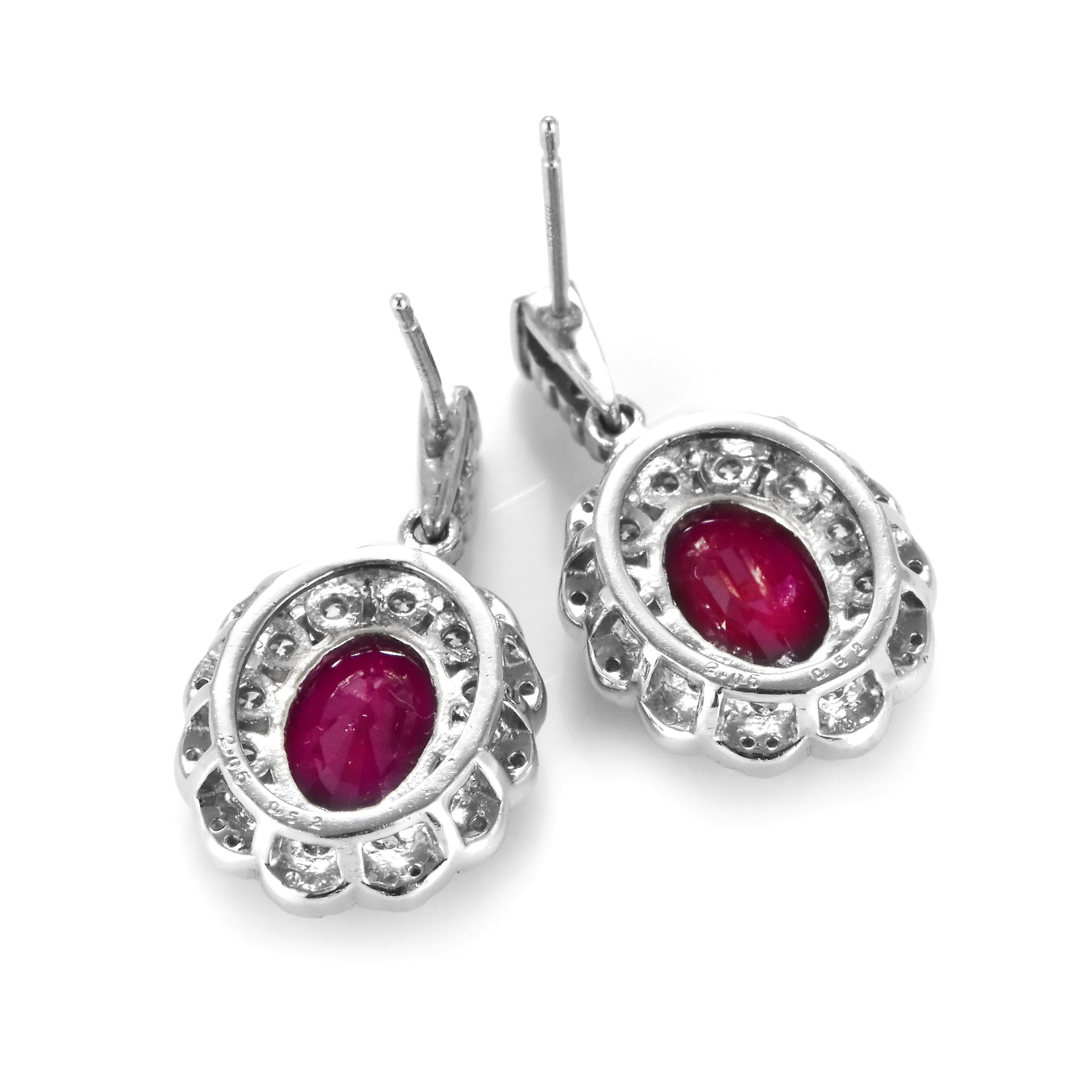 Oval Cut GIA Certified 4.10 Carats Natural Burmese Ruby Earrings Made in Platinum For Sale