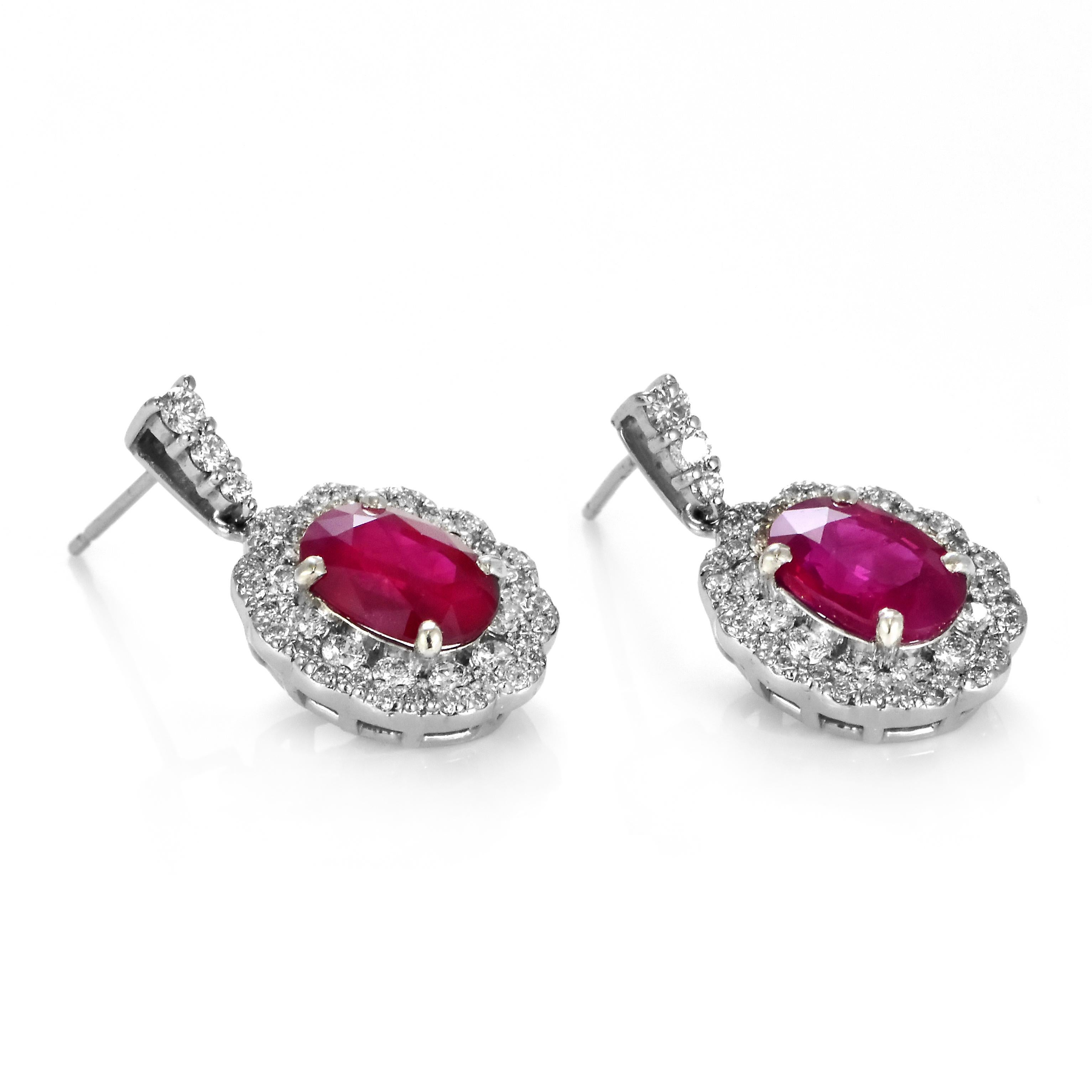 Women's GIA Certified 4.10 Carats Natural Burmese Ruby Earrings Made in Platinum For Sale