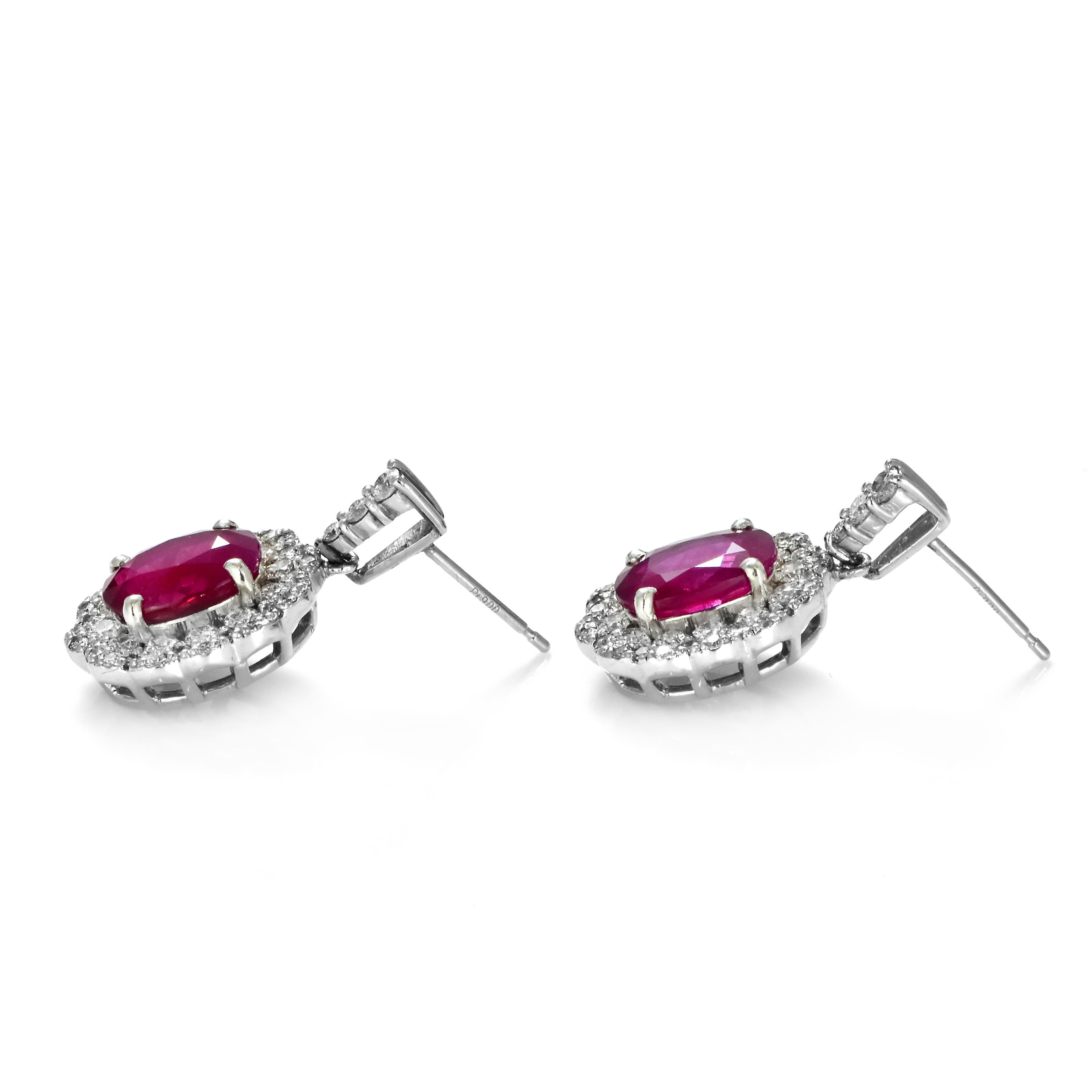 GIA Certified 4.10 Carats Natural Burmese Ruby Earrings Made in Platinum For Sale 2