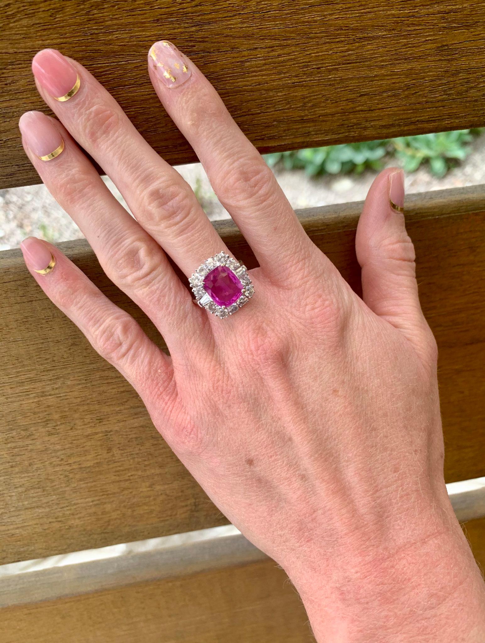 Gia Certified 4.10 Ct. Pink Sapphire and Diamond White Gold Ring, circa 1950s For Sale 5