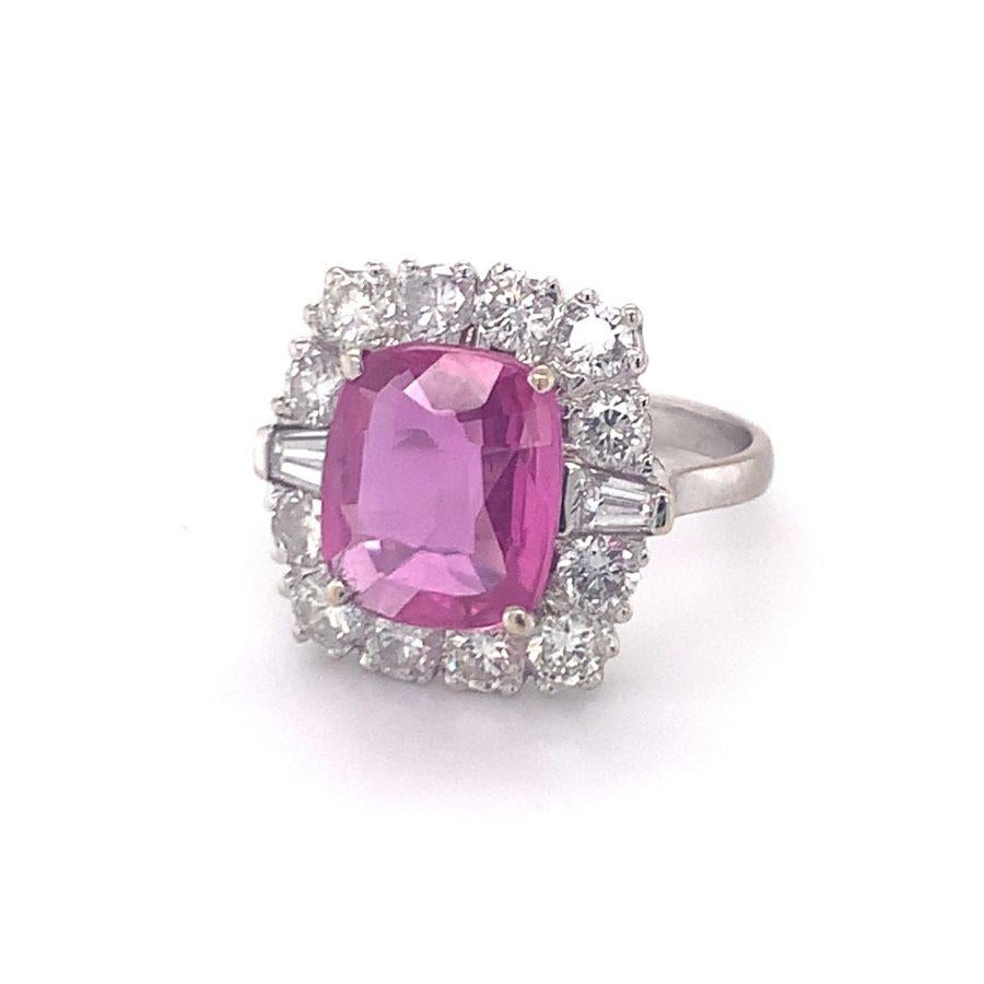 Cushion Cut Gia Certified 4.10 Ct. Pink Sapphire and Diamond White Gold Ring, circa 1950s For Sale