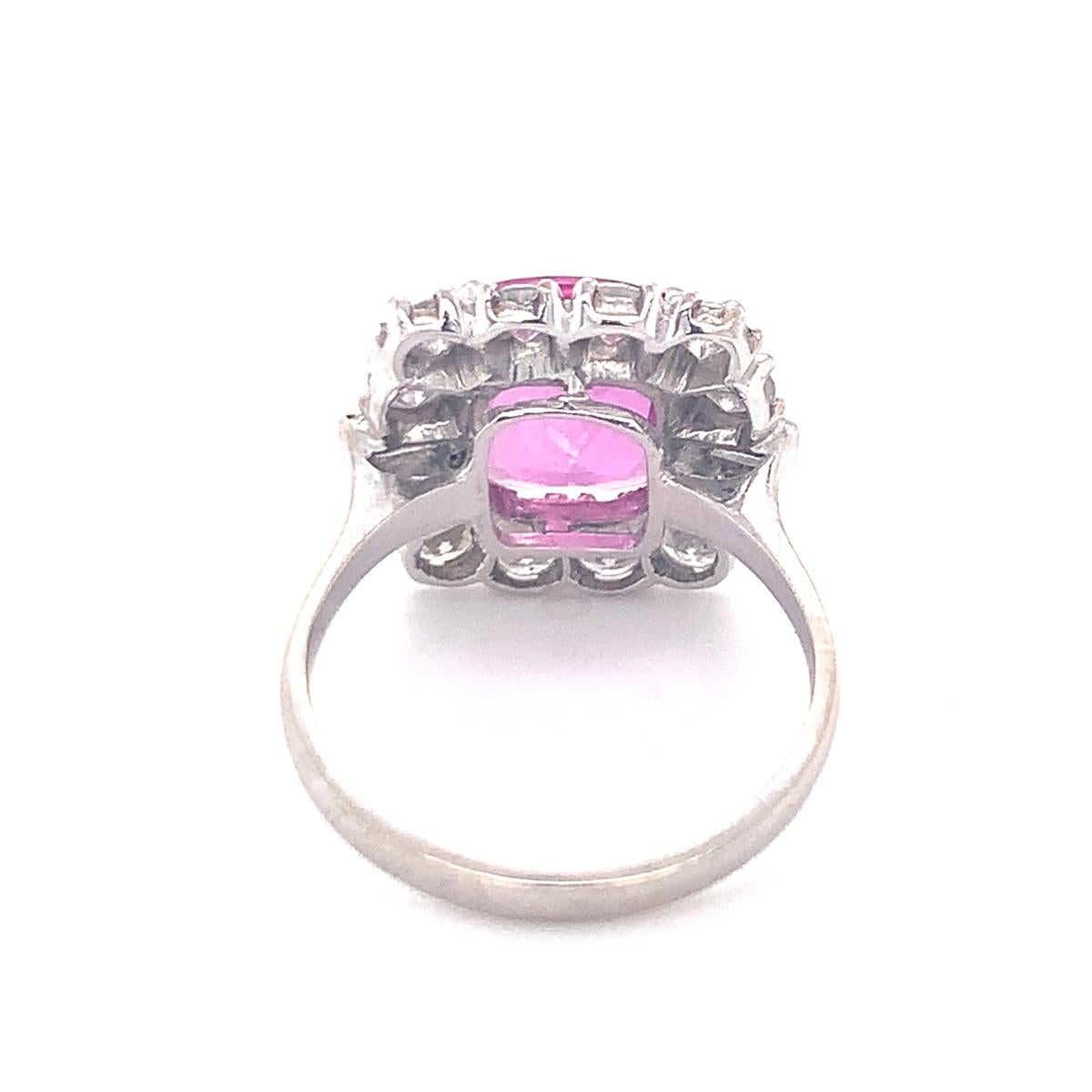 Women's Gia Certified 4.10 Ct. Pink Sapphire and Diamond White Gold Ring, circa 1950s For Sale