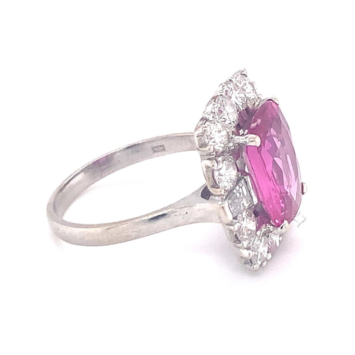 Gia Certified 4.10 Ct. Pink Sapphire and Diamond White Gold Ring, circa 1950s For Sale 2
