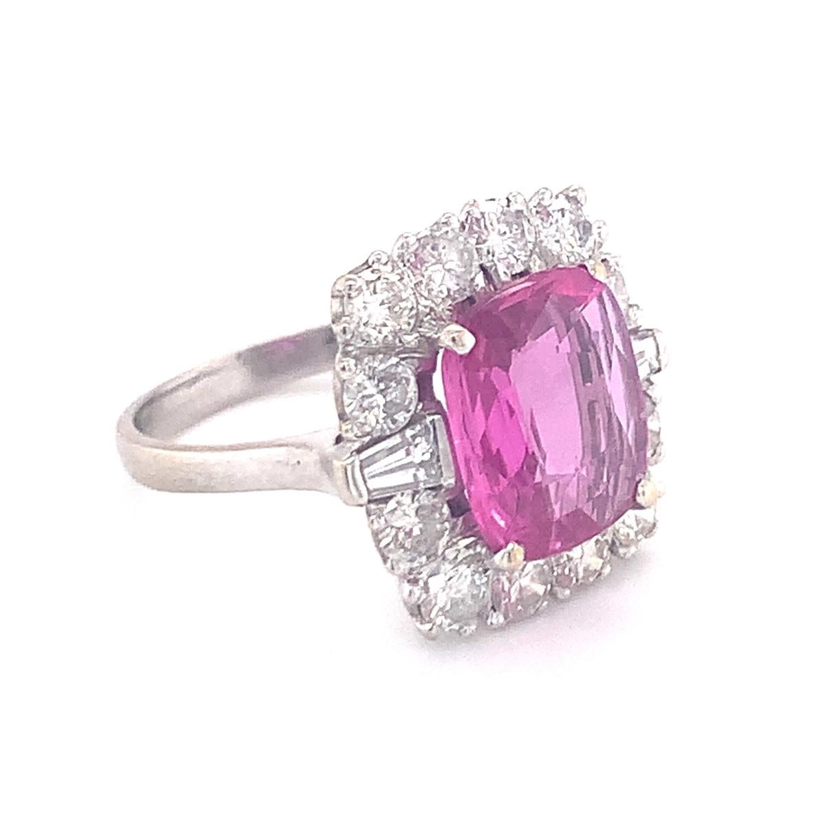 Gia Certified 4.10 Ct. Pink Sapphire and Diamond White Gold Ring, circa 1950s For Sale 3