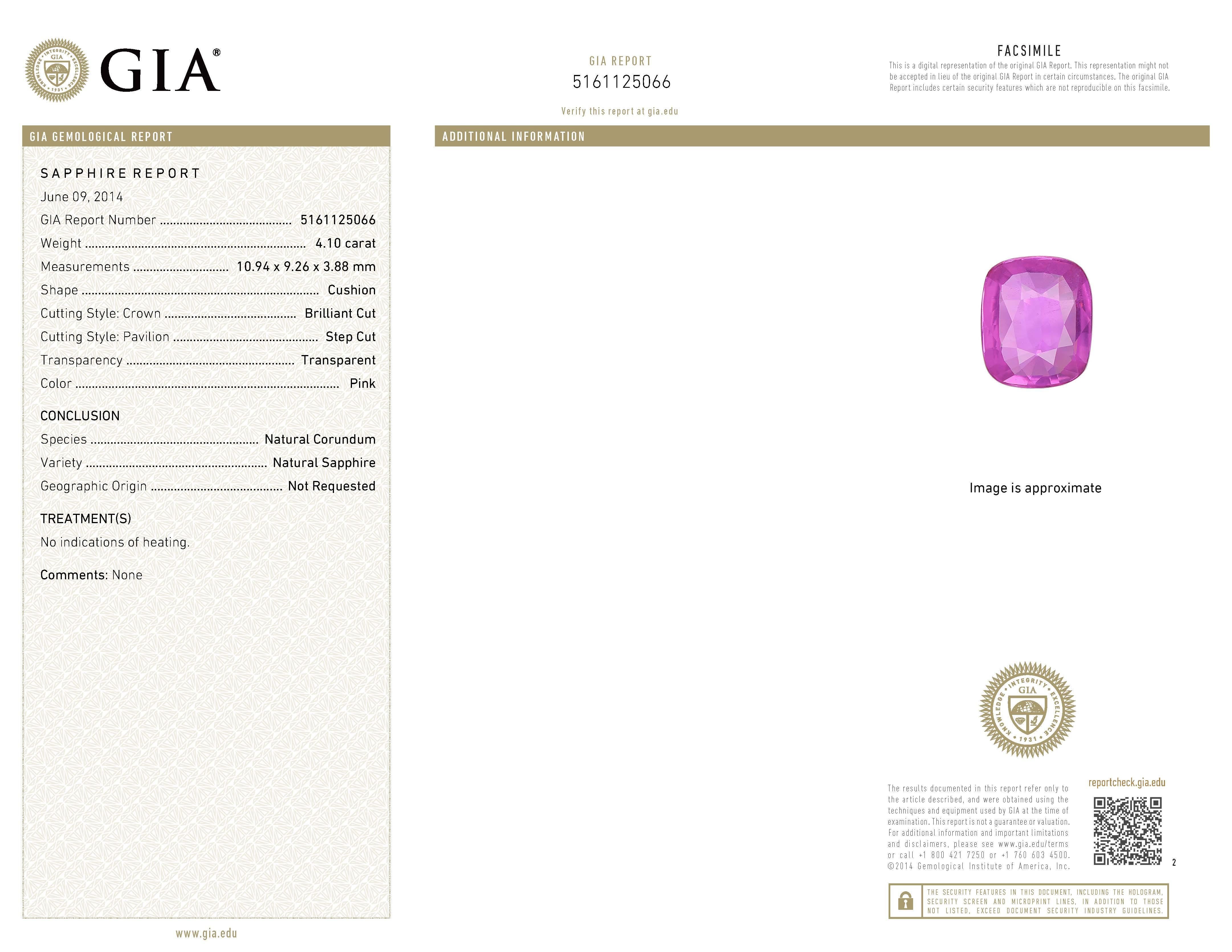 Gia Certified 4.10 Ct. Pink Sapphire and Diamond White Gold Ring, circa 1950s For Sale 4