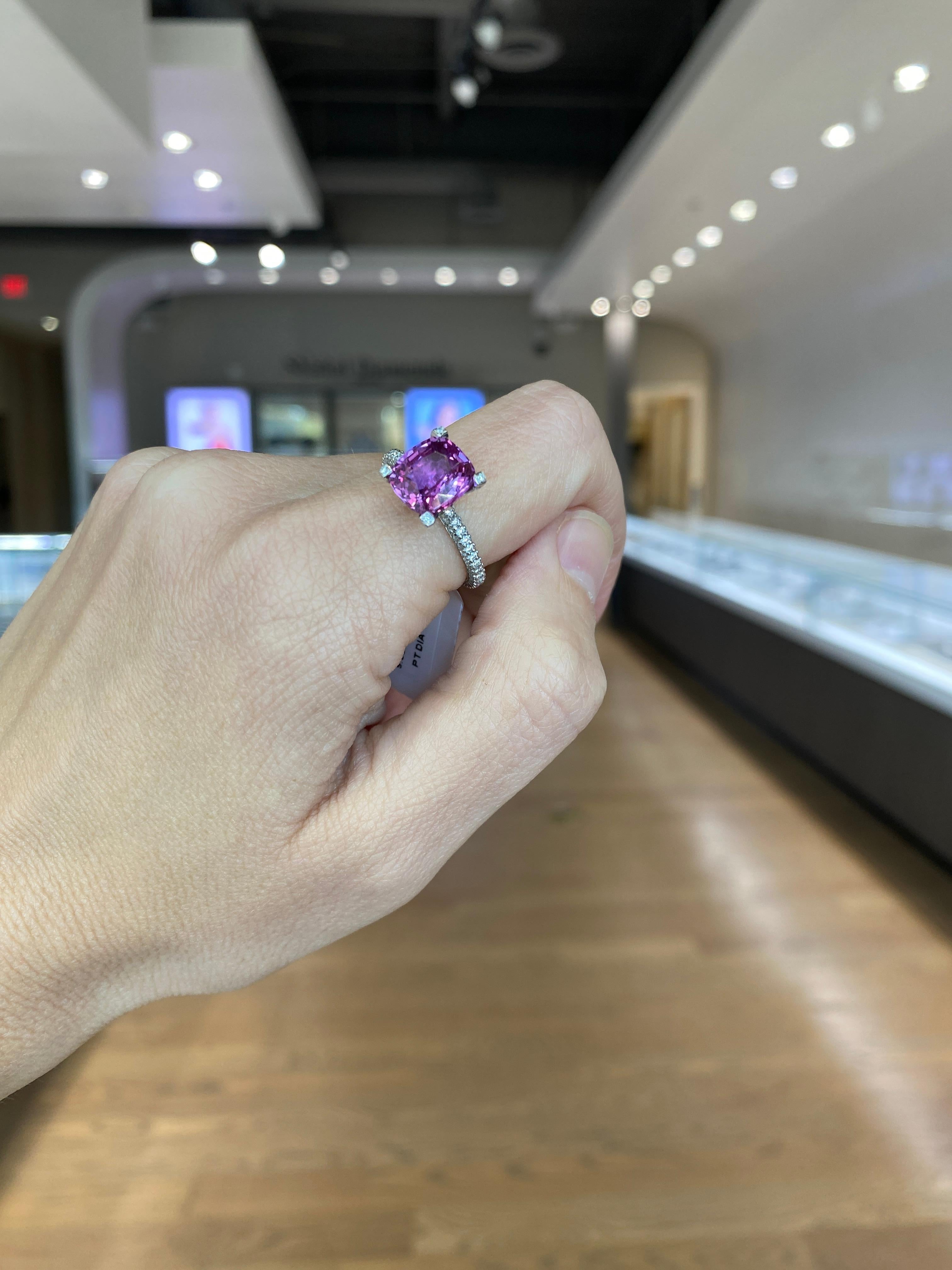 GIA Certified 4.11 Carat Cushion Cut Purplish Pink Sapphire & Diamond Ring For Sale 6